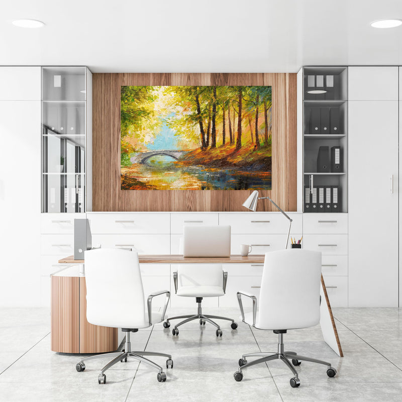 Office Poster  - Ölgemälde Herbst Wald mit Fluss an einer Holzwand hängend im Büroraum
Office Poster  - Ölgemälde Herbst Wald mit Fluss an einer Holzwand hängend im Büroraum