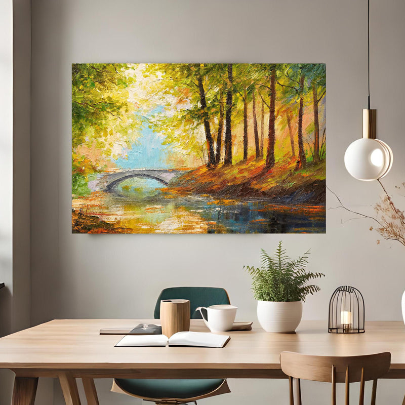 Office Poster  - Ölgemälde Herbst Wald mit Fluss über klassischem Holztisch mit runder Vase - rechteckig