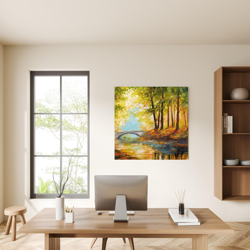 Office Poster  - Ölgemälde Herbst Wald mit Fluss in privatem Bürozimmer mit Holzschrank