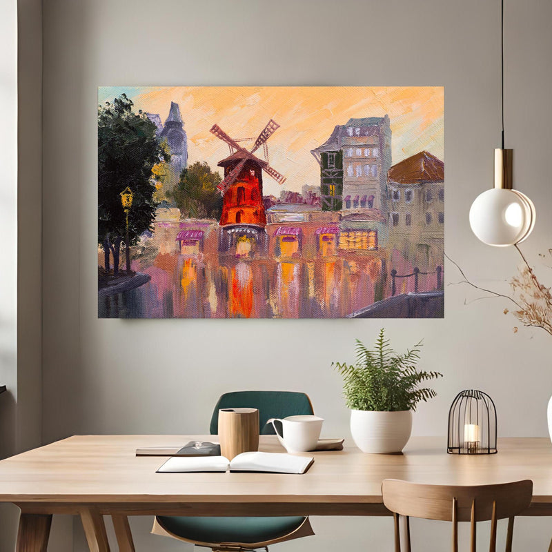 Office Poster  - Ölgemälde Stadtbild - Moulin rouge über klassischem Holztisch mit runder Vase - rechteckig