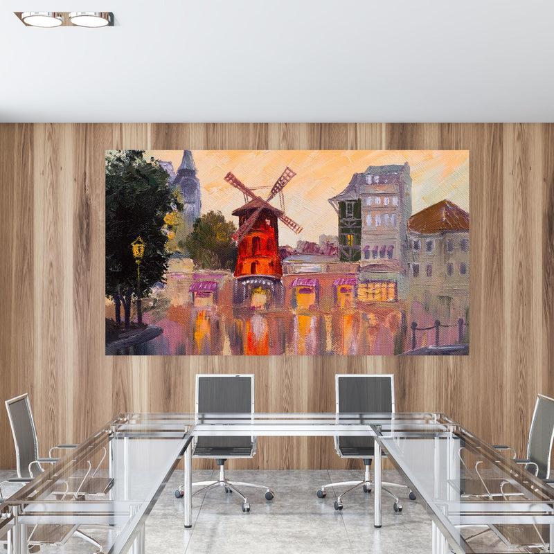 Office Poster  - Ölgemälde Stadtbild - Moulin rouge in einem Konferenzraum mit Glastisch und Holzwand