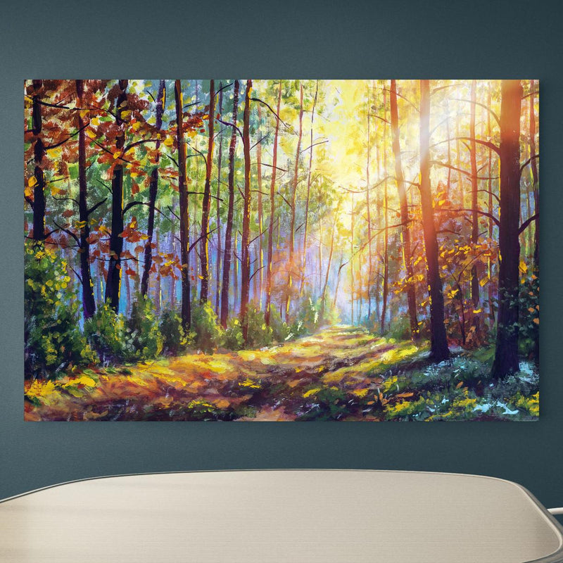 Office Poster  - Ölgemälde lichterfüllter Wald im Herbst an blauer Wand in einem Besprechungsraum Zoom