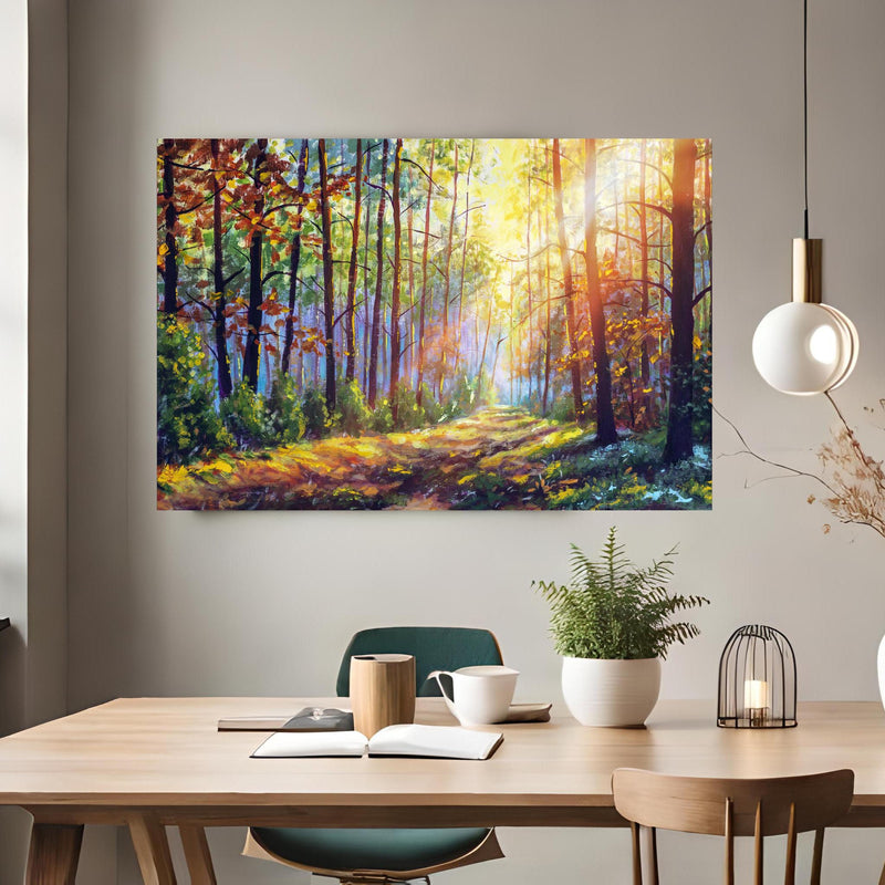 Office Poster  - Ölgemälde lichterfüllter Wald im Herbst über klassischem Holztisch mit runder Vase - rechteckig