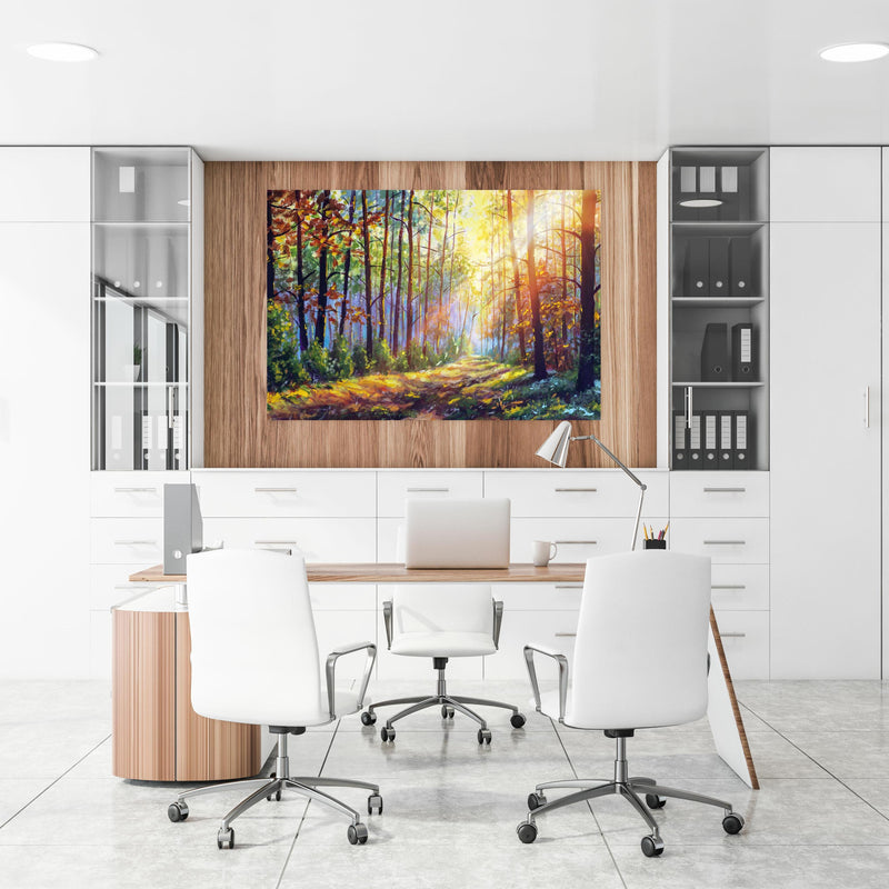 Office Poster  - Ölgemälde lichterfüllter Wald im Herbst an einer Holzwand hängend im Büroraum
Office Poster  - Ölgemälde lichterfüllter Wald im Herbst an einer Holzwand hängend im Büroraum