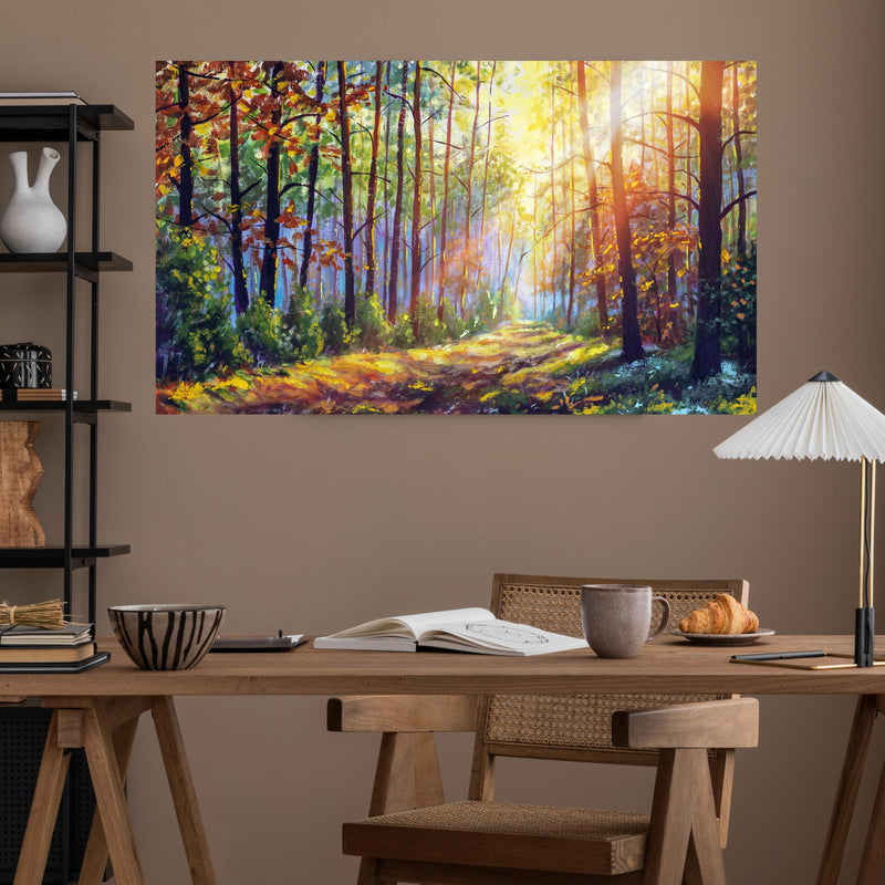 Office Poster  - Ölgemälde lichterfüllter Wald im Herbst über poliertem Holztisch mit stilvoller Lampe - rechteckig