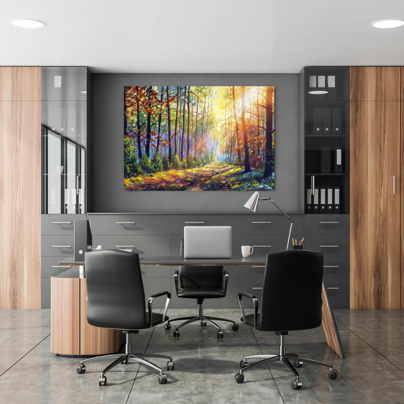 Office Poster  - Ölgemälde lichterfüllter Wald im Herbst in klassischem Büroraum zwischen Holzschränken