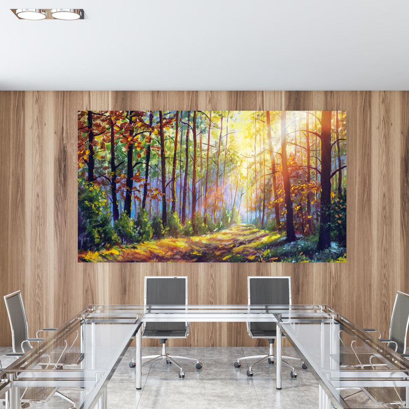 Office Poster  - Ölgemälde lichterfüllter Wald im Herbst in einem Konferenzraum mit Glastisch und Holzwand