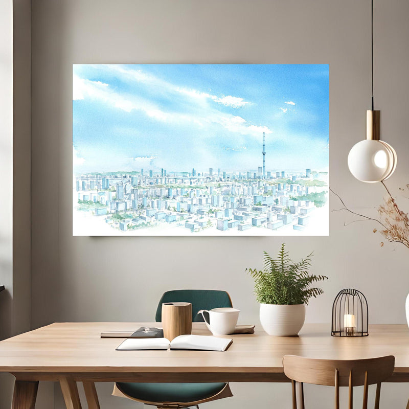 Office Poster  - Tokyo Sky Tree Aquarellmalerei über klassischem Holztisch mit runder Vase - rechteckig