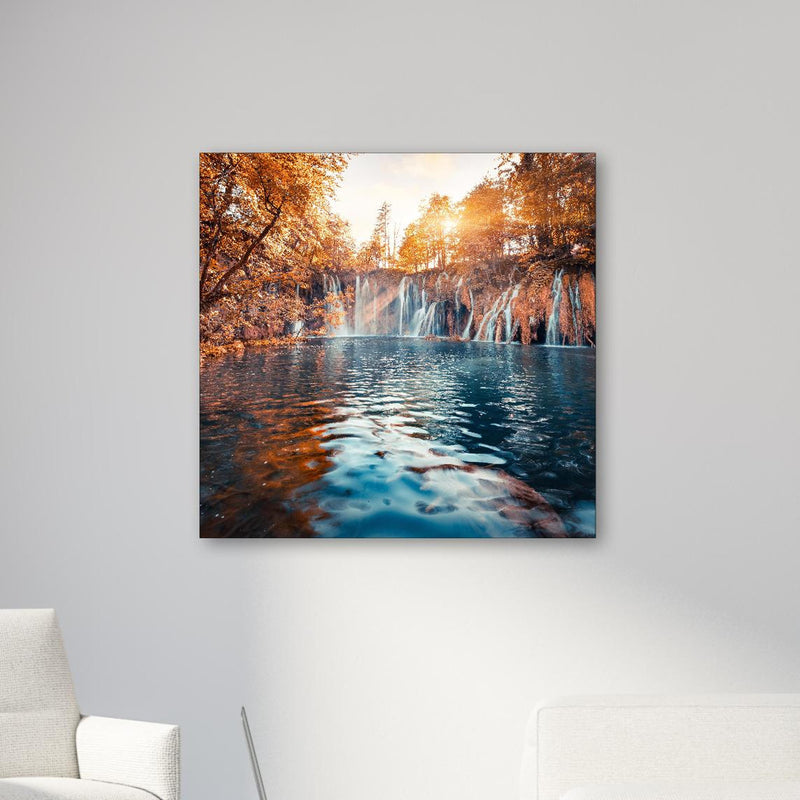 Office Poster  - Wasserfall in Plitvice Nation bei Sonnenaufgang in modernem Büro-Pausenraum mit Glaswand Zoom