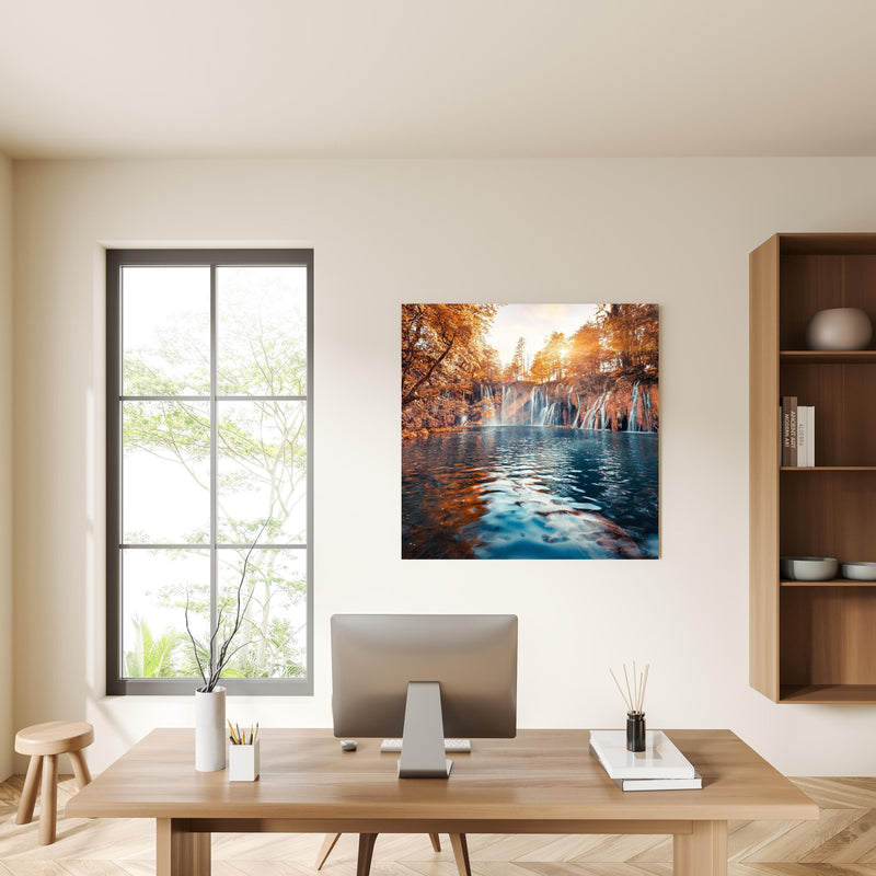 Office Poster  - Wasserfall in Plitvice Nation bei Sonnenaufgang in privatem Bürozimmer mit Holzschrank