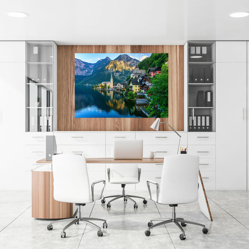 Office Poster  - Zauberhaftes Bergdorf Hallstatt an einer Holzwand hängend im Büroraum
Office Poster  - Zauberhaftes Bergdorf Hallstatt an einer Holzwand hängend im Büroraum