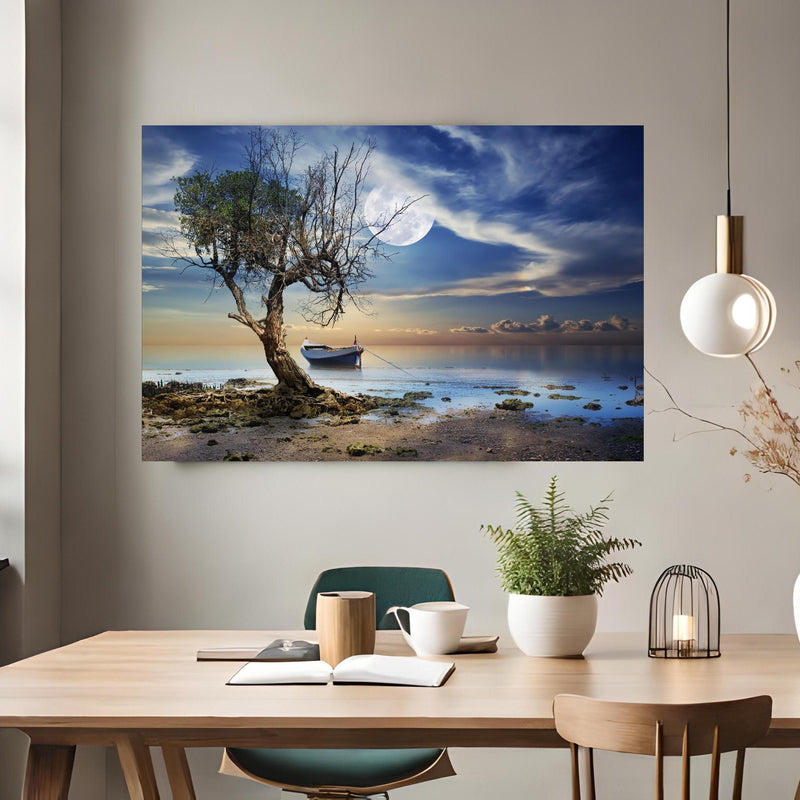 Office Poster  - einsamer Baum am Strand über klassischem Holztisch mit runder Vase - rechteckig