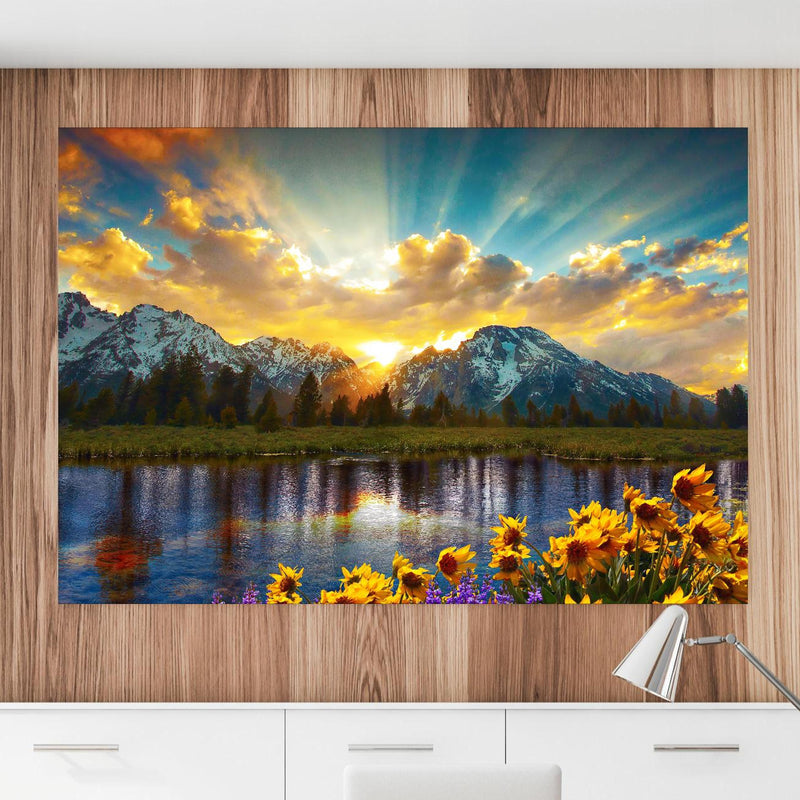 Office Poster  - einzigartiges Lichtspiel im Grand Teton an einer Holzwand hängend im Büroraum Zoom