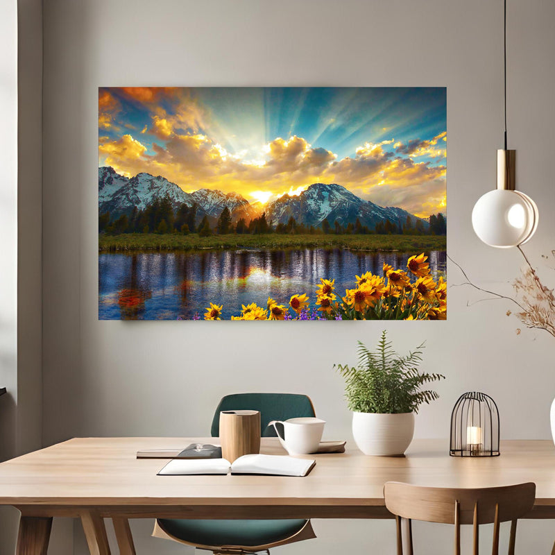 Office Poster  - einzigartiges Lichtspiel im Grand Teton über klassischem Holztisch mit runder Vase - rechteckig