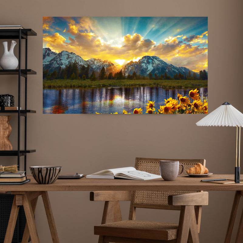 Office Poster  - einzigartiges Lichtspiel im Grand Teton über poliertem Holztisch mit stilvoller Lampe - rechteckig