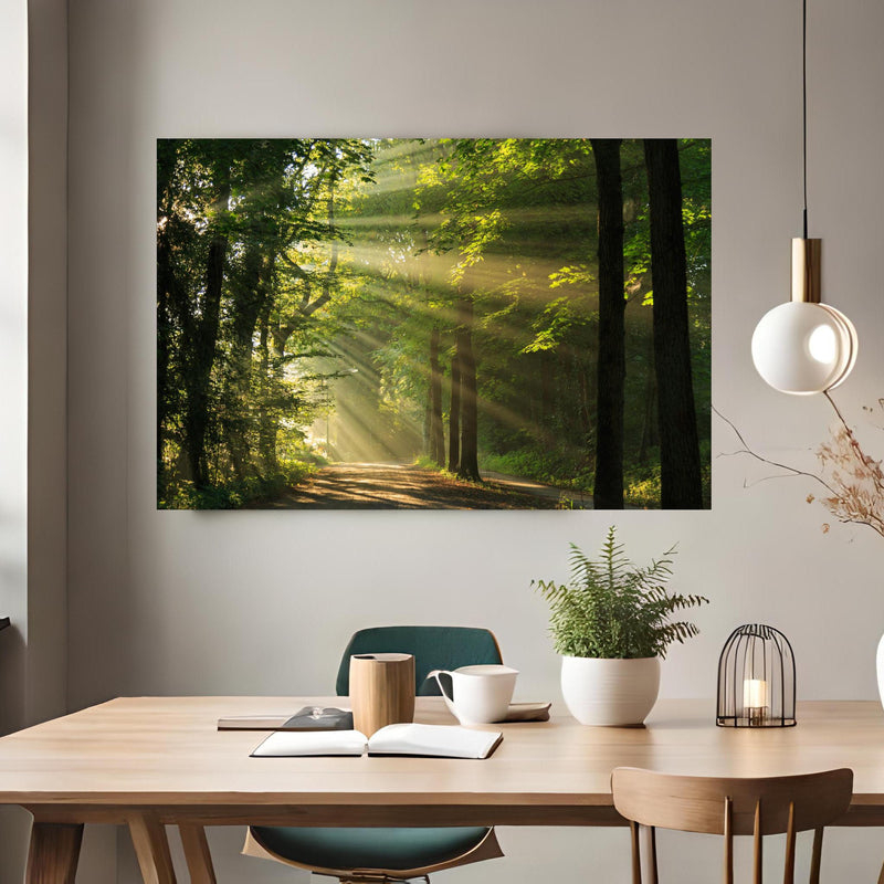 Office Poster  - erleuchtende Sonnenstrahlen in den Wald  über klassischem Holztisch mit runder Vase - rechteckig