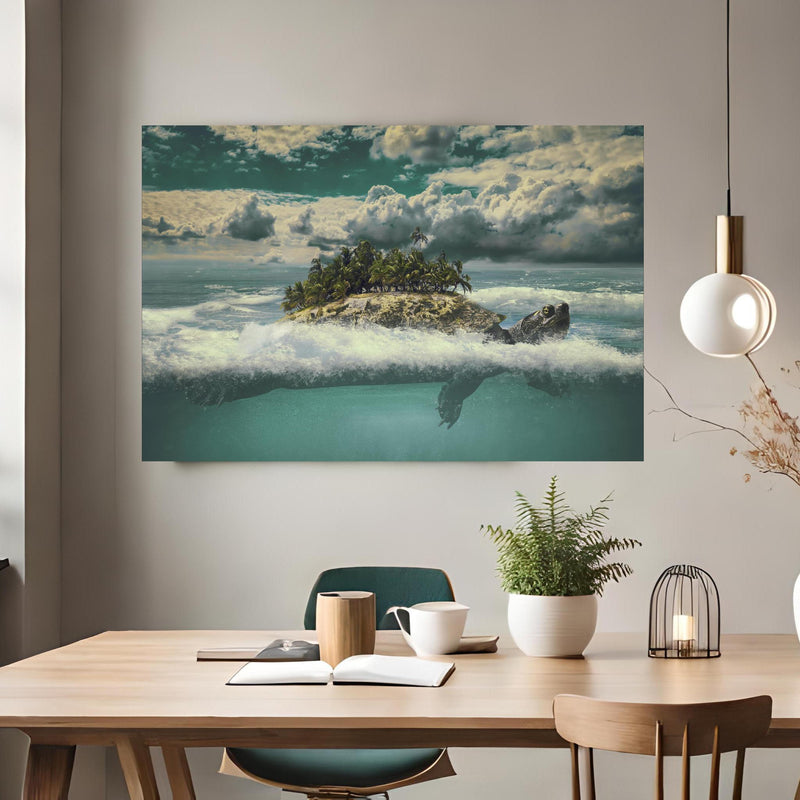 Office Poster  - tropische Wanderinsel im Meer über klassischem Holztisch mit runder Vase - rechteckig