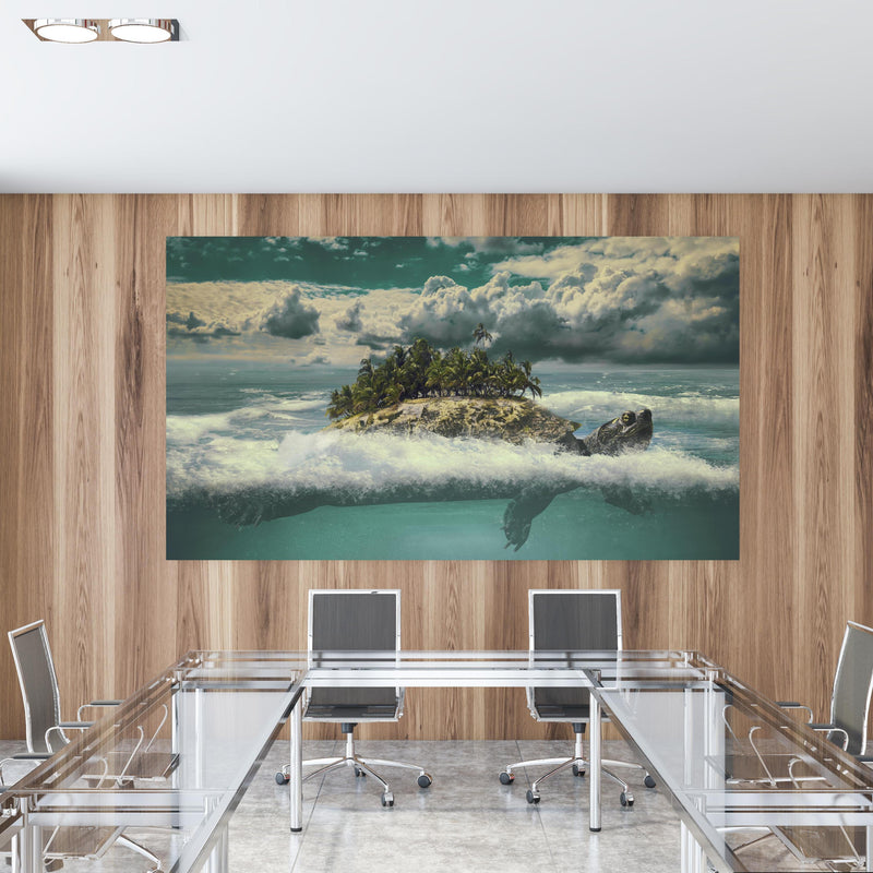 Office Poster  - tropische Wanderinsel im Meer in einem Konferenzraum mit Glastisch und Holzwand