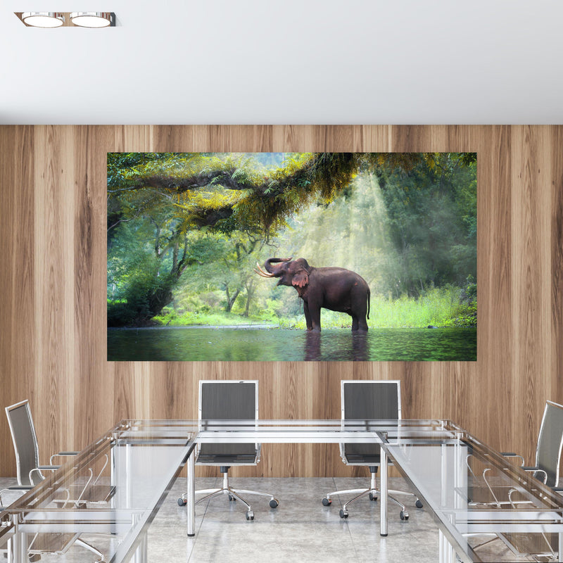 Office Poster  - wilde Elefanten im Wald von Kanchanaburi  in einem Konferenzraum mit Glastisch und Holzwand