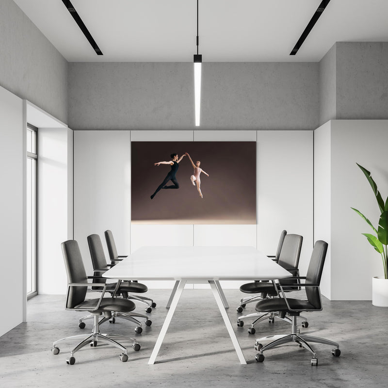 Office Poster  - zwei Balletttänzerinnen hoch in der Luft in einem Konferenzraum an weißer Wand hängend