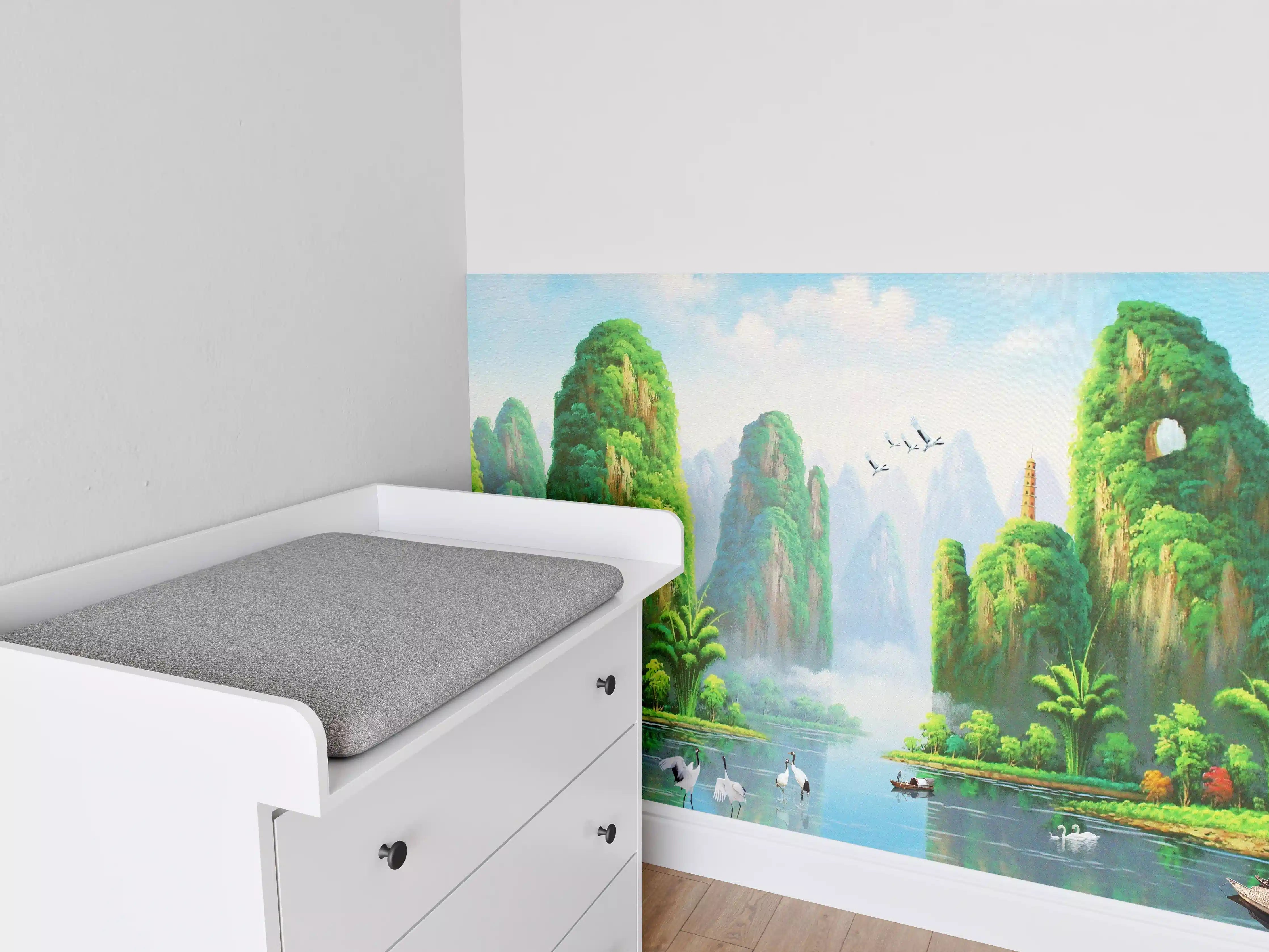Babyzimmer Wandgestaltung - Vogelarten mit wunderschöner Berg/See Aussicht