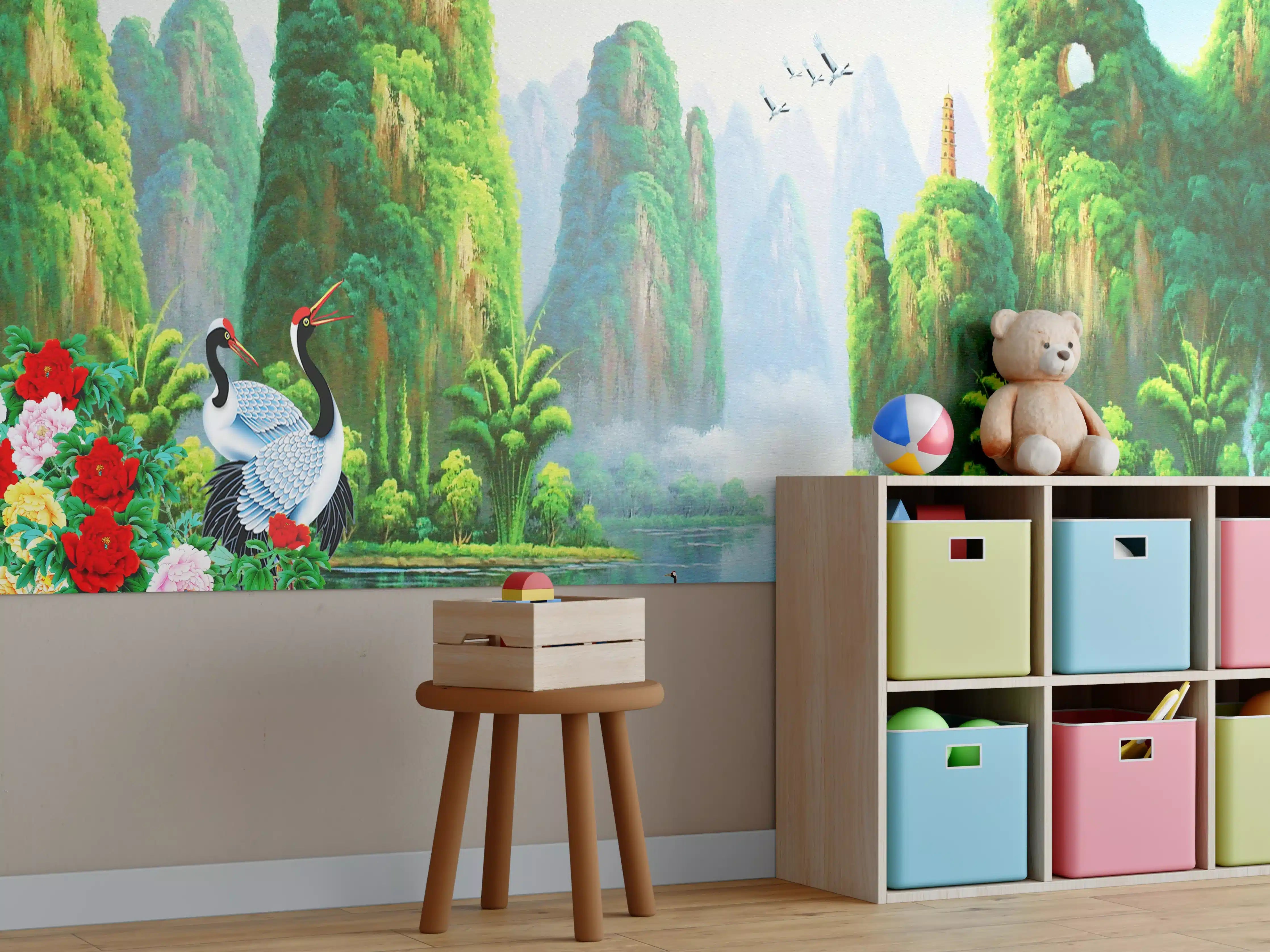 Kinderzimmer Wandgestaltung - Vogelarten mit wunderschöner Berg/See Aussicht