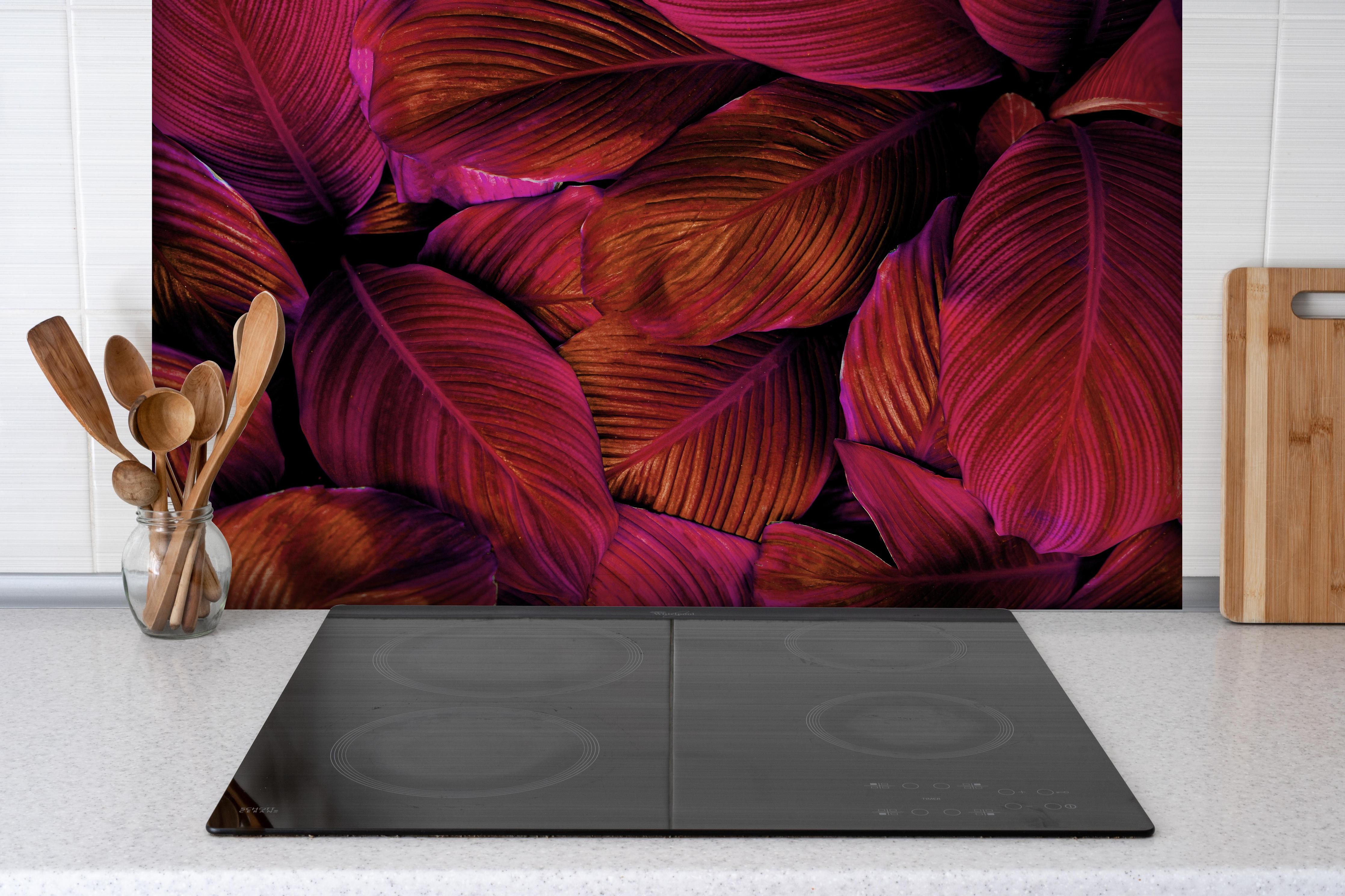 Spritzschutz -  Spathiphyllum cannifolium - Rosa Blätter hinter einem Cerankochfeld zwischen Holz-Kochutensilien
