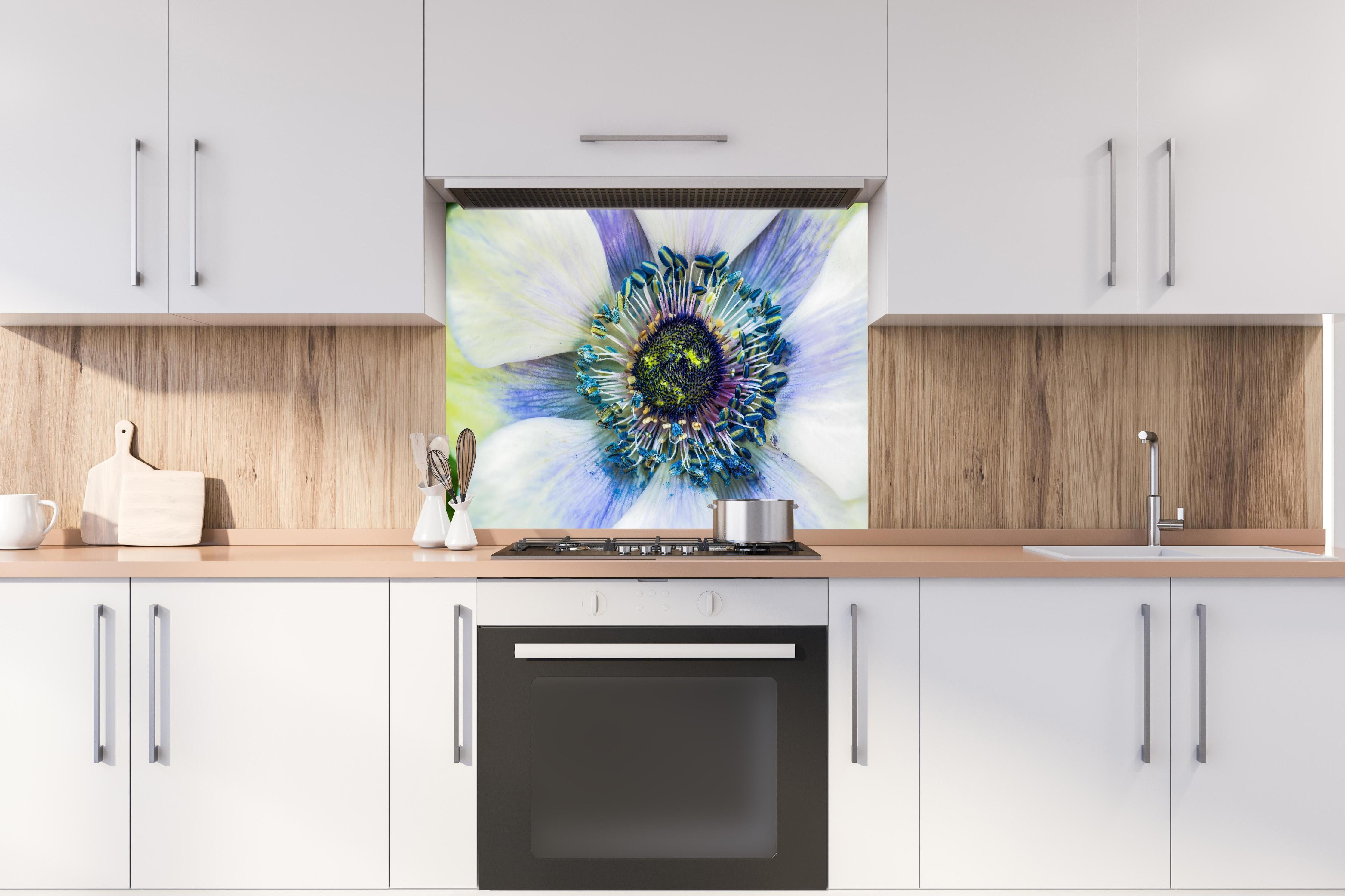 Spritzschutz -  hübsche aufblühende Blume hinter einem Cerankochfeld zwischen Holz-Kochutensilien
