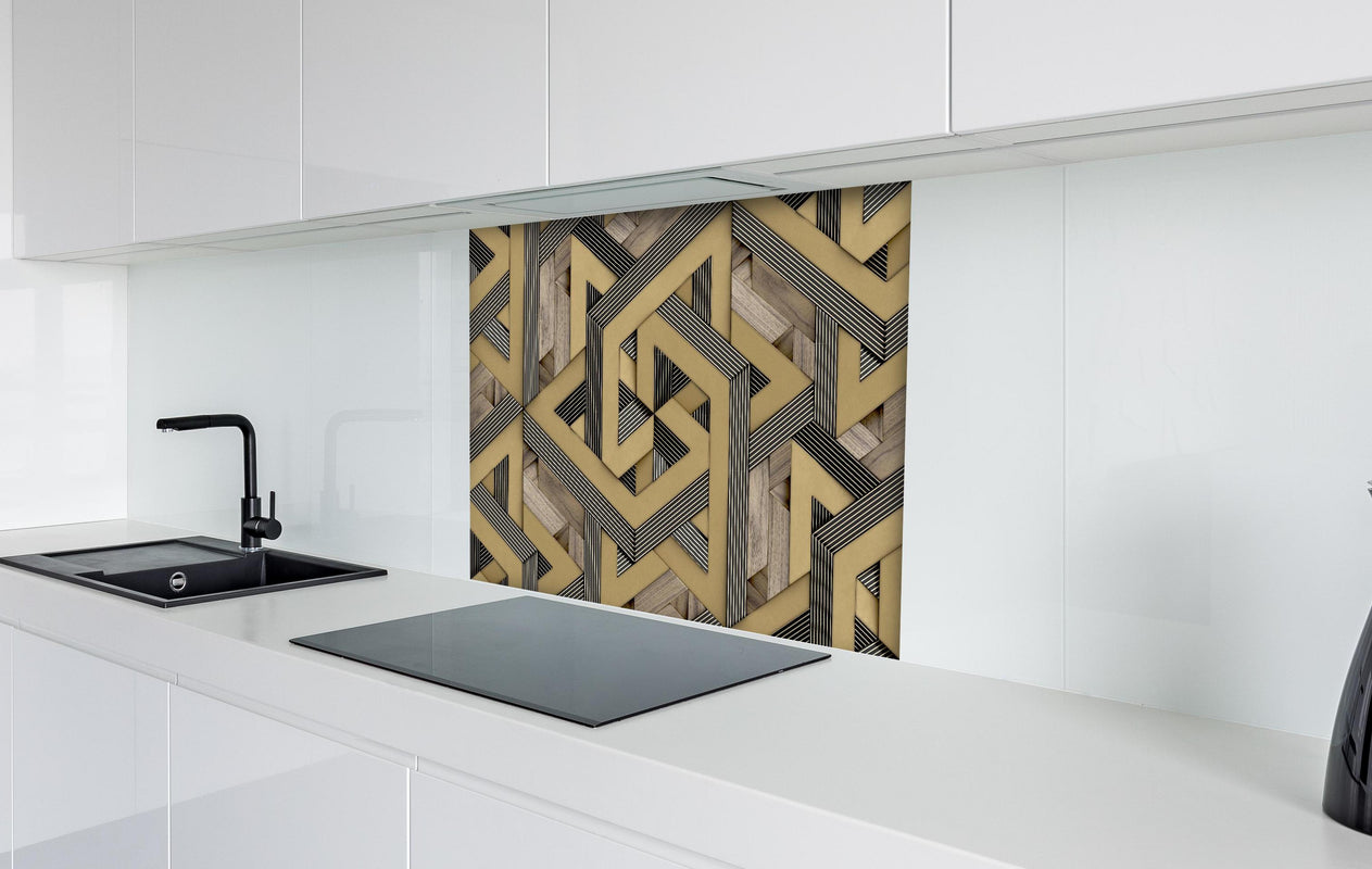 Spritzschutz - 3D- Tapeten Muster - Mosaik hinter einem Cerankochfeld zwischen Holz-Kochutensilien
