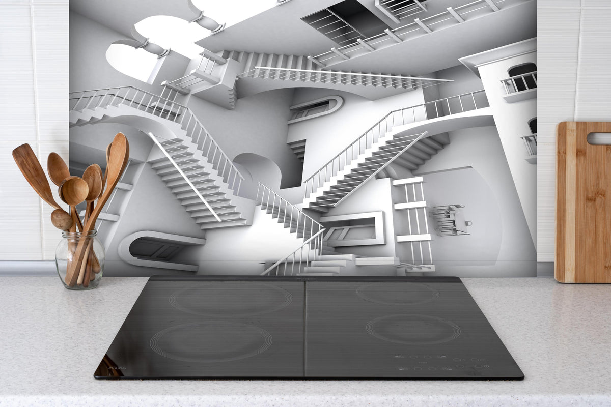 Spritzschutz - 3D-Illustration einer von Escher inspirierten Treppe hinter einem Cerankochfeld zwischen Holz-Kochutensilien
