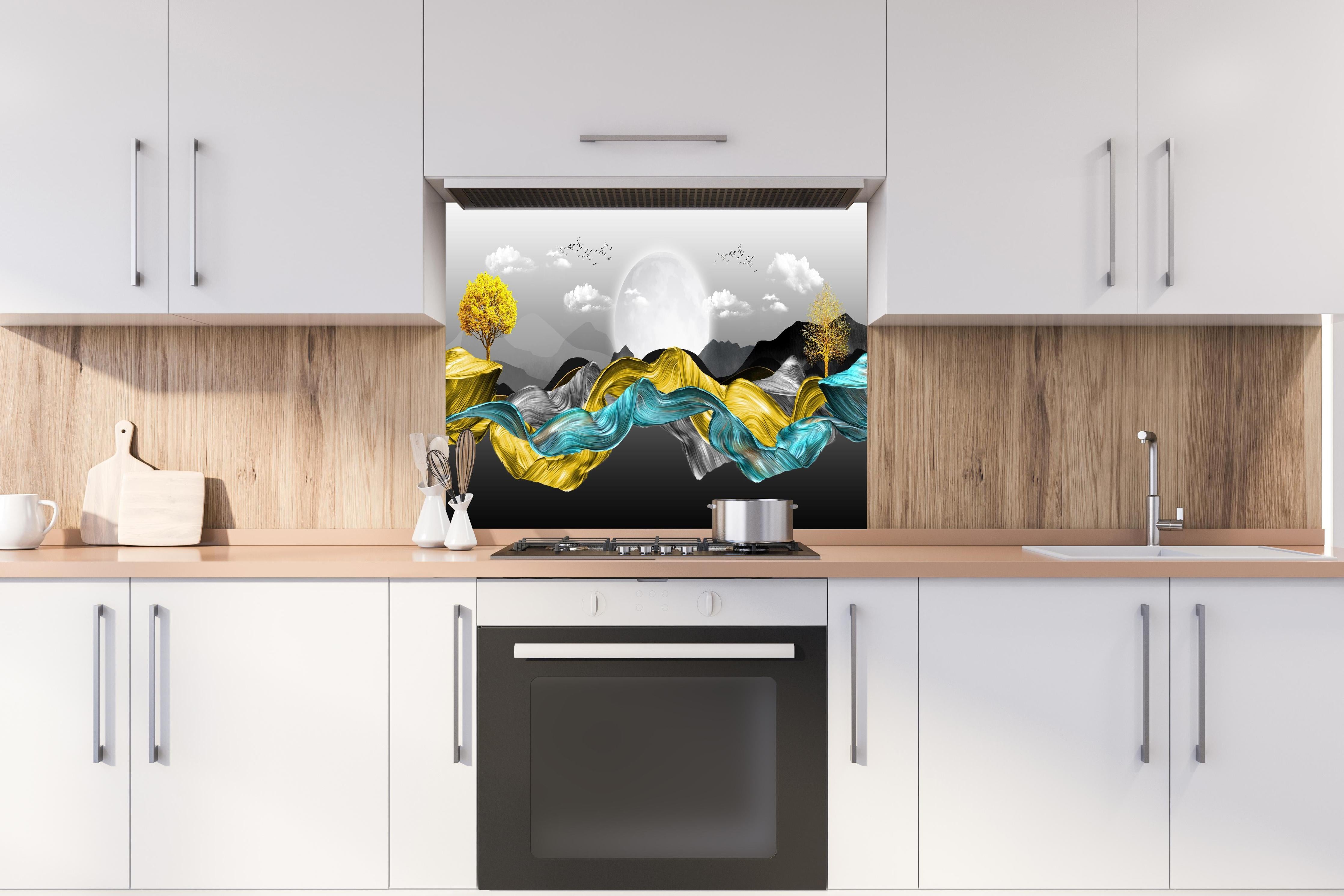 Spritzschutz - 3D Moderne Leinwand - Abstrakt hinter einem Cerankochfeld zwischen Holz-Kochutensilien

