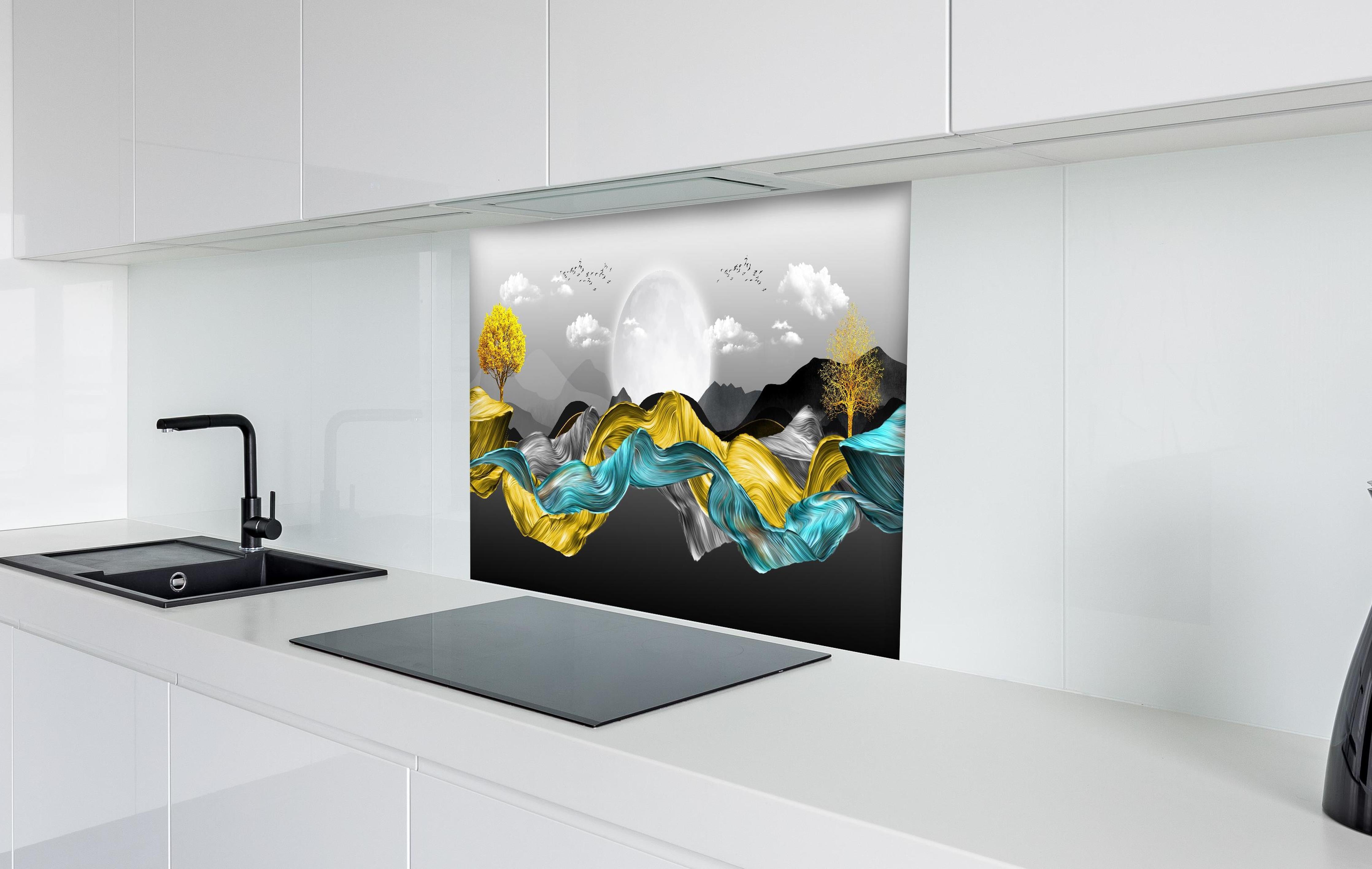Spritzschutz - 3D Moderne Leinwand - Abstrakt hinter einem Cerankochfeld zwischen Holz-Kochutensilien
