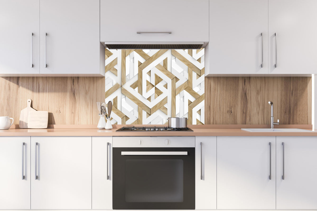 Spritzschutz - 3D Tapete - Mosaik Muster hinter einem Cerankochfeld zwischen Holz-Kochutensilien
