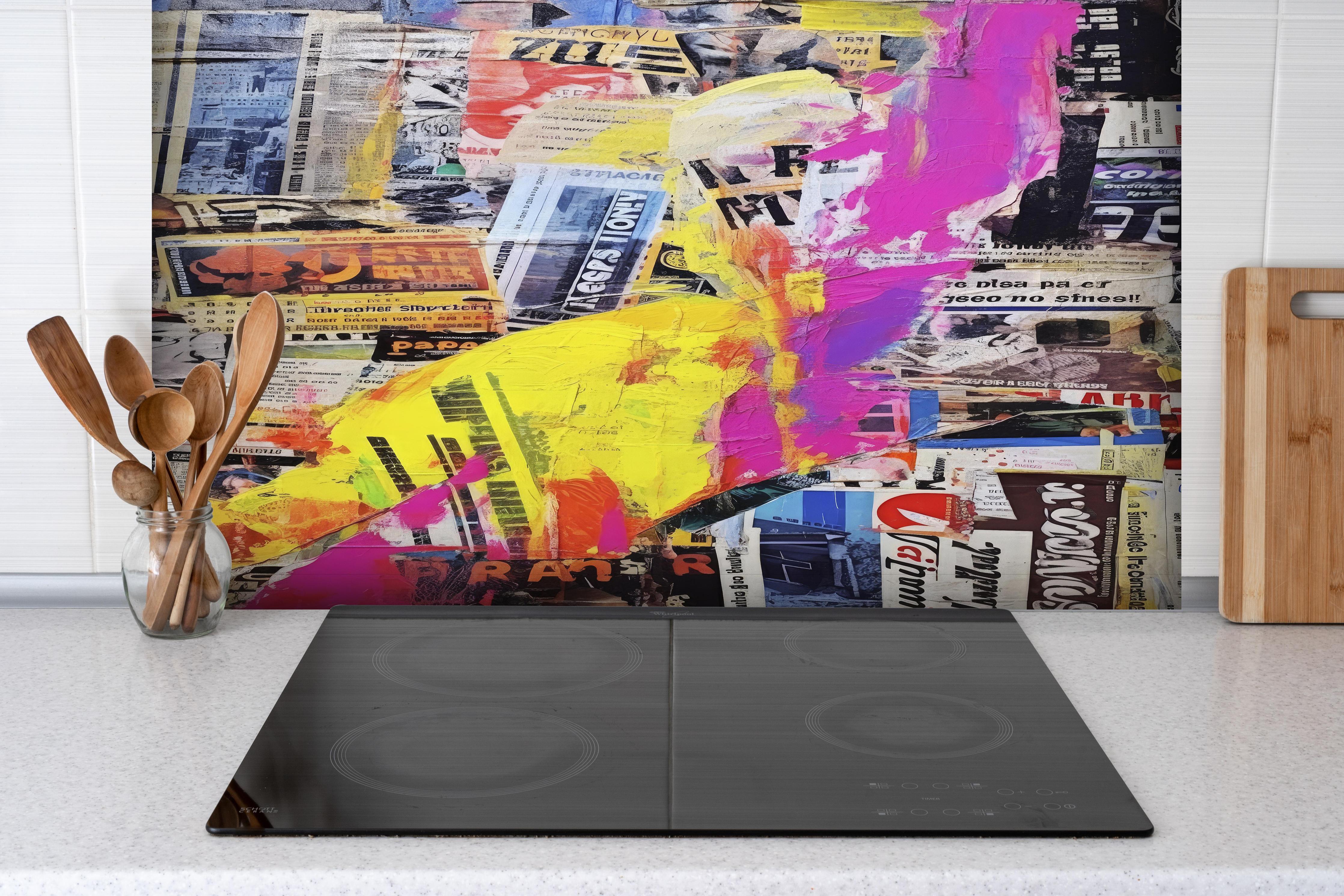 Spritzschutz - Abstrakte Bunte Collage aus Zeitungsschnipseln hinter einem Cerankochfeld zwischen Holz-Kochutensilien
