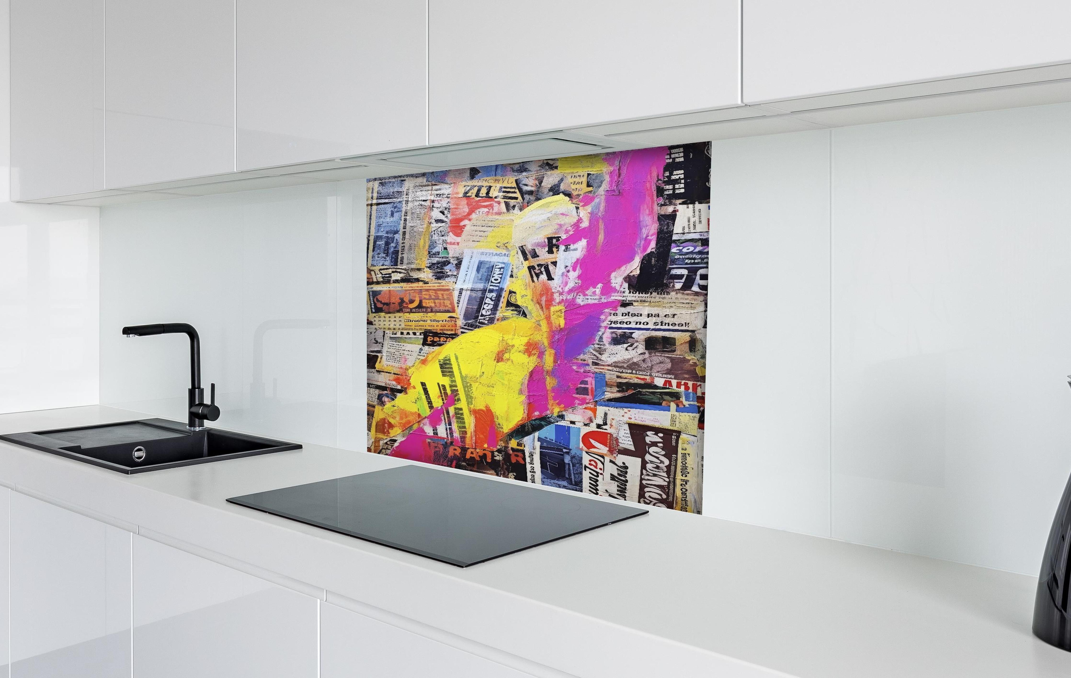 Spritzschutz - Abstrakte Bunte Collage aus Zeitungsschnipseln hinter einem Cerankochfeld zwischen Holz-Kochutensilien
