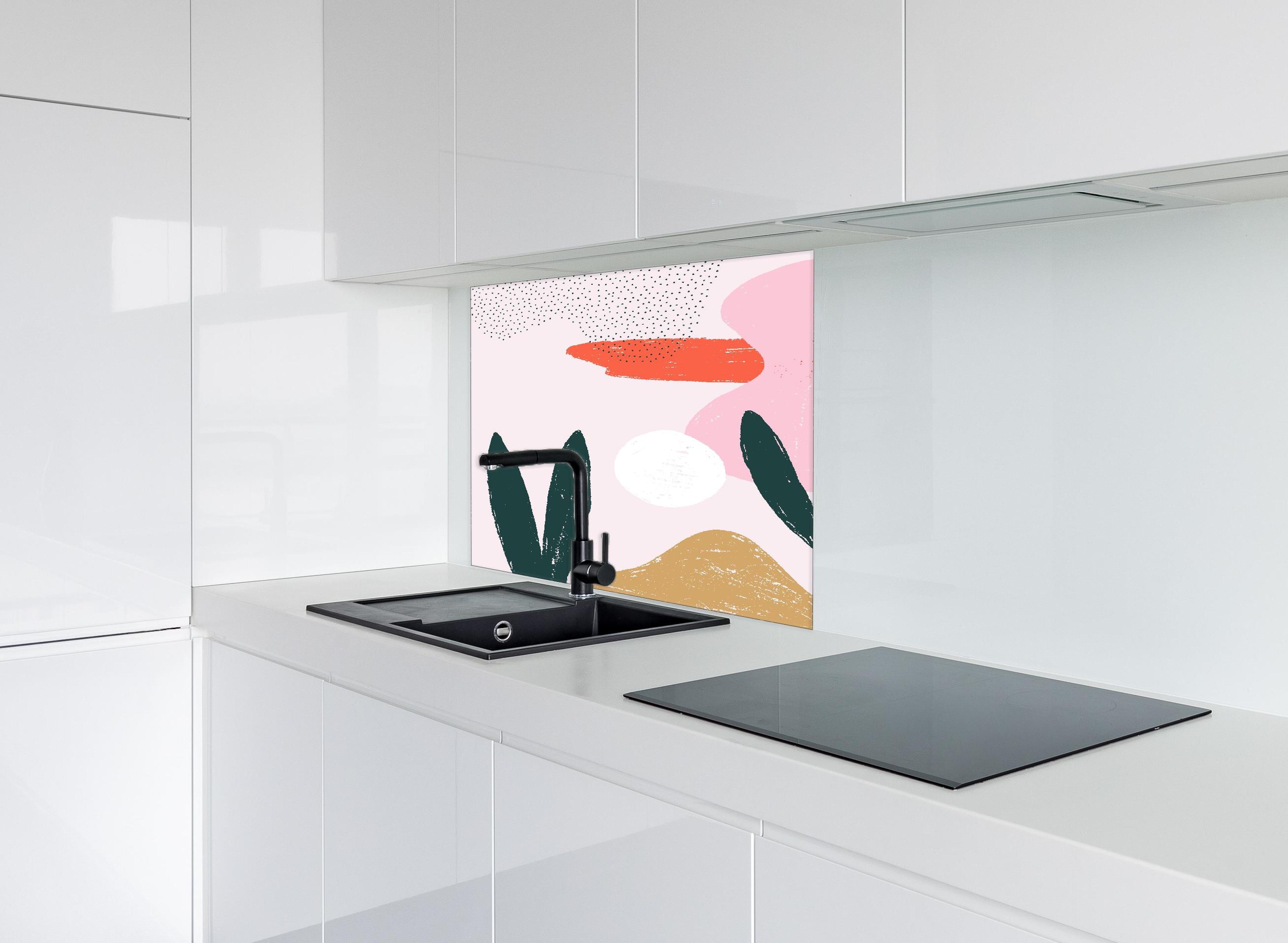 Spritzschutz - Abstrakte Formen und Farbspiele in Pink hinter einem Cerankochfeld zwischen Holz-Kochutensilien
