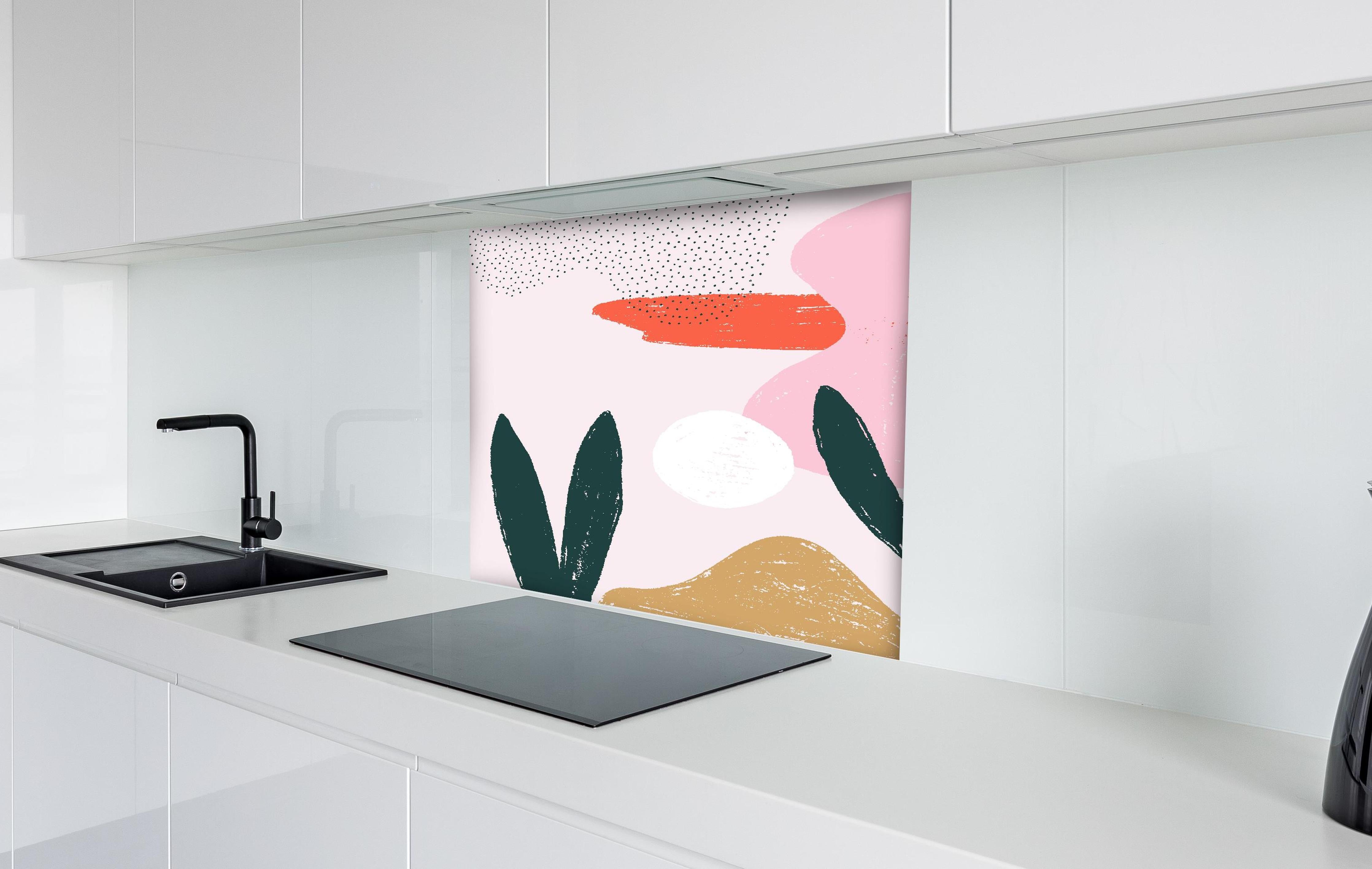 Spritzschutz - Abstrakte Formen und Farbspiele in Pink hinter einem Cerankochfeld zwischen Holz-Kochutensilien
