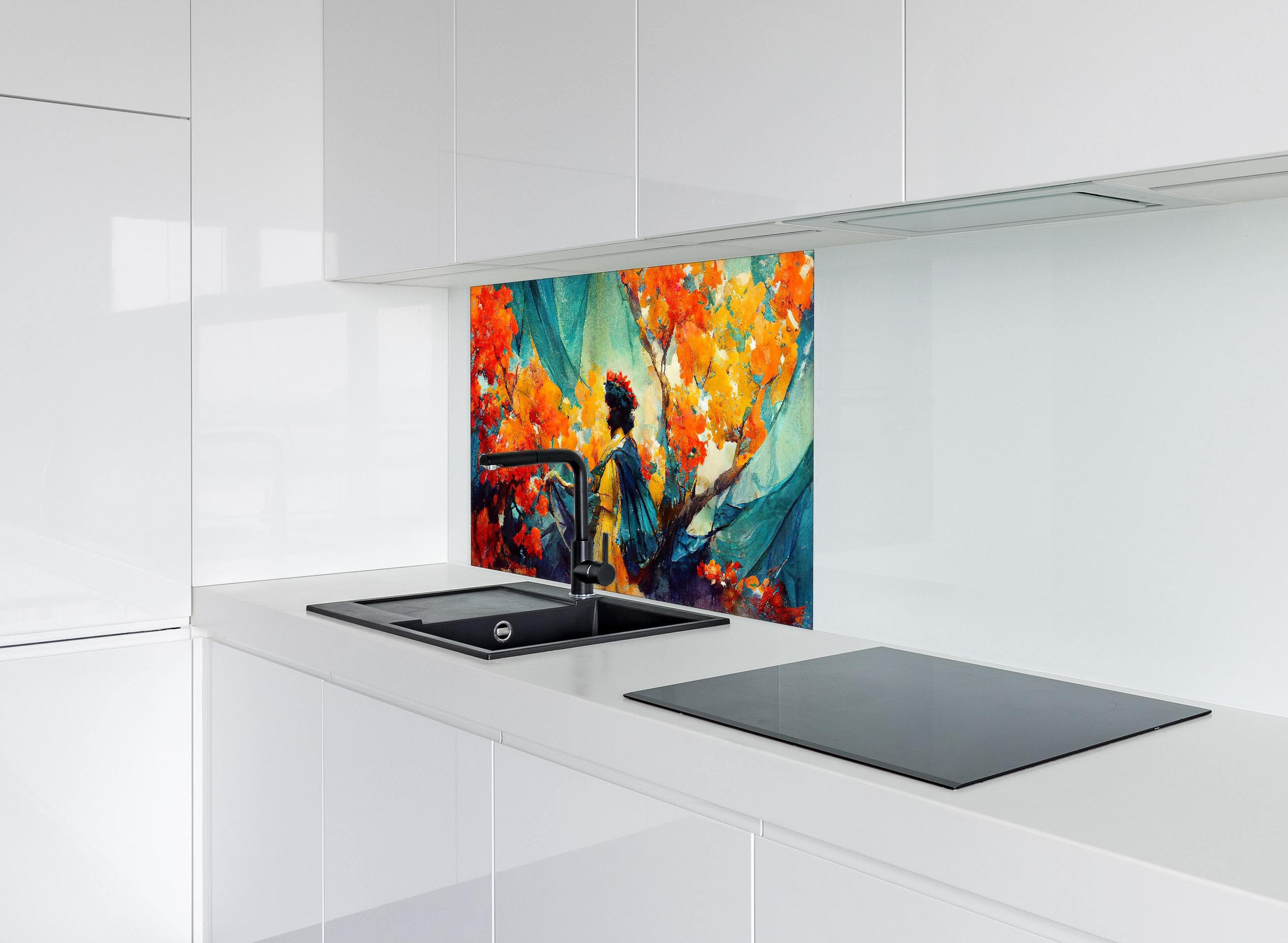 Spritzschutz - Abstrakte Kunst - Frau im Wald hinter einem Cerankochfeld zwischen Holz-Kochutensilien
