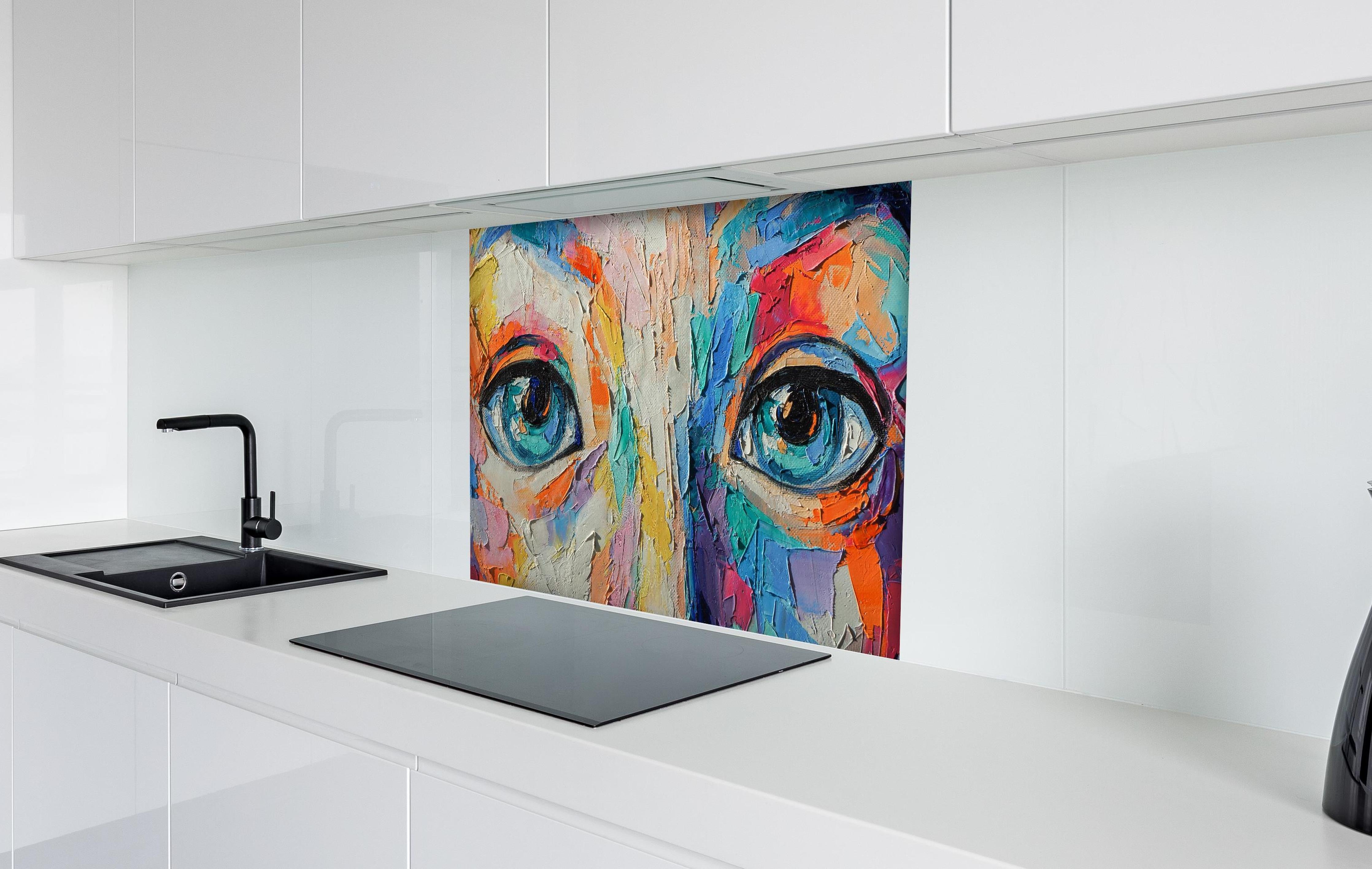 Spritzschutz - Abstrakte Mädchen-Ölgemälde mit Gesicht hinter einem Cerankochfeld zwischen Holz-Kochutensilien
