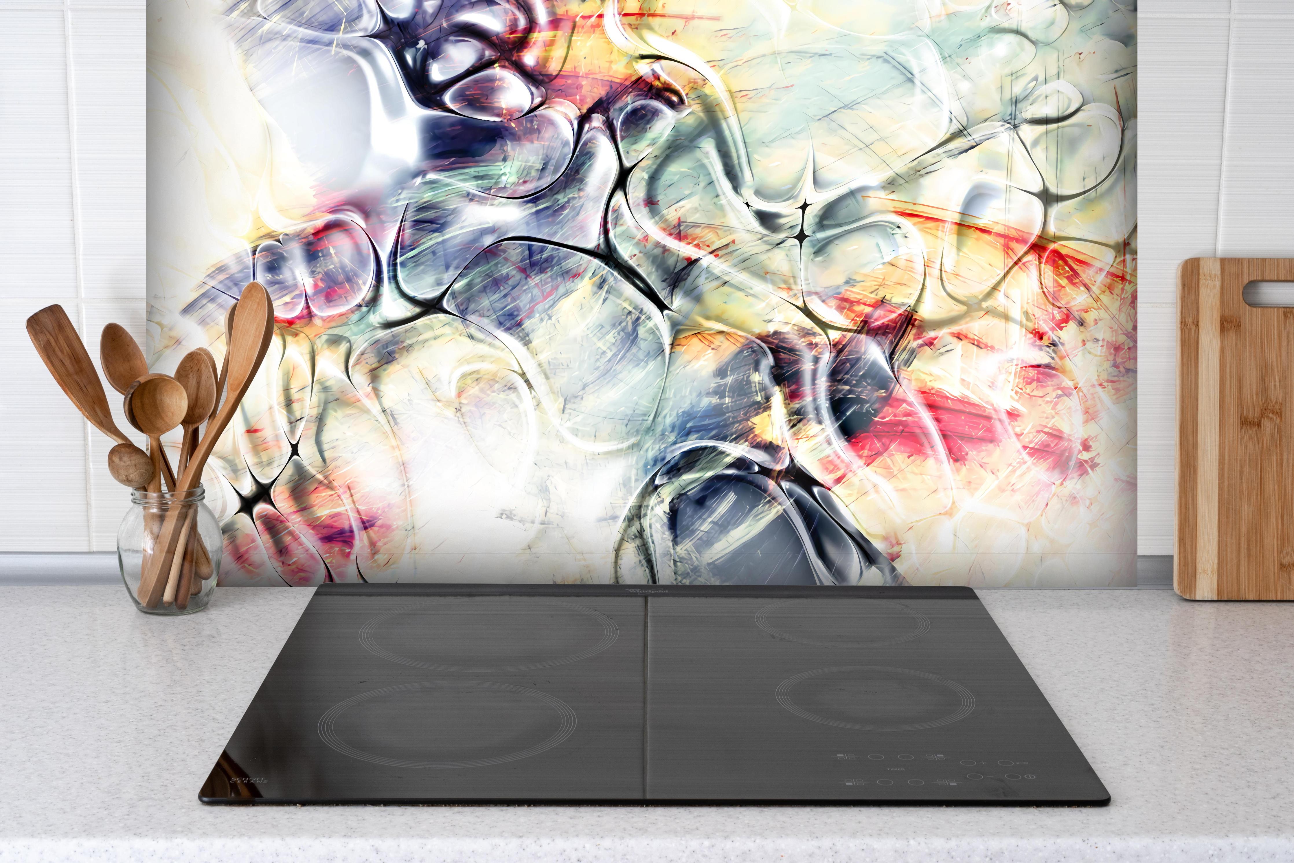 Spritzschutz - Abstrakte Pastell-Blumentextur mit Eleganz hinter einem Cerankochfeld zwischen Holz-Kochutensilien

