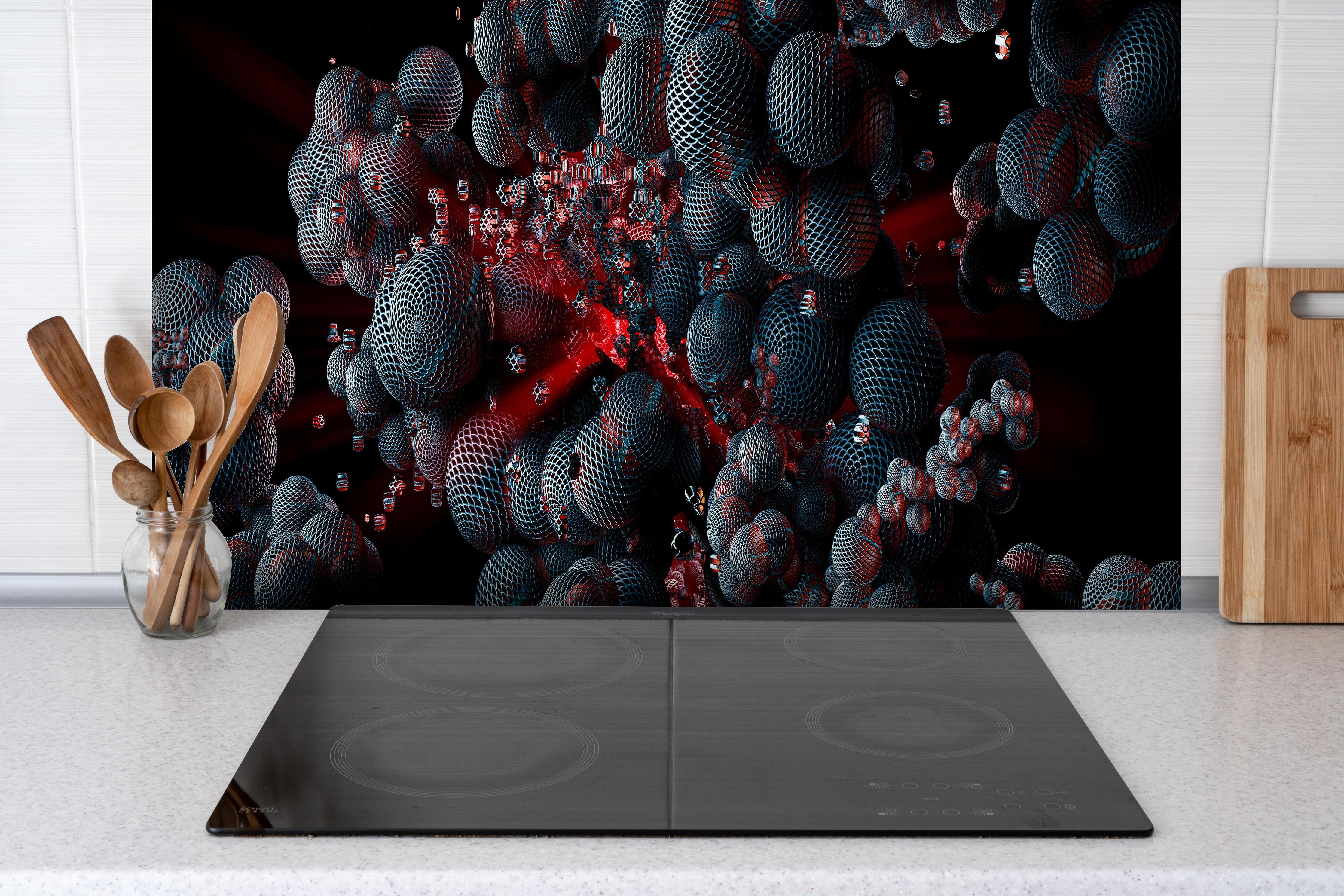 Spritzschutz - Abstrakte Technologie - 3D Rendering hinter einem Cerankochfeld zwischen Holz-Kochutensilien
