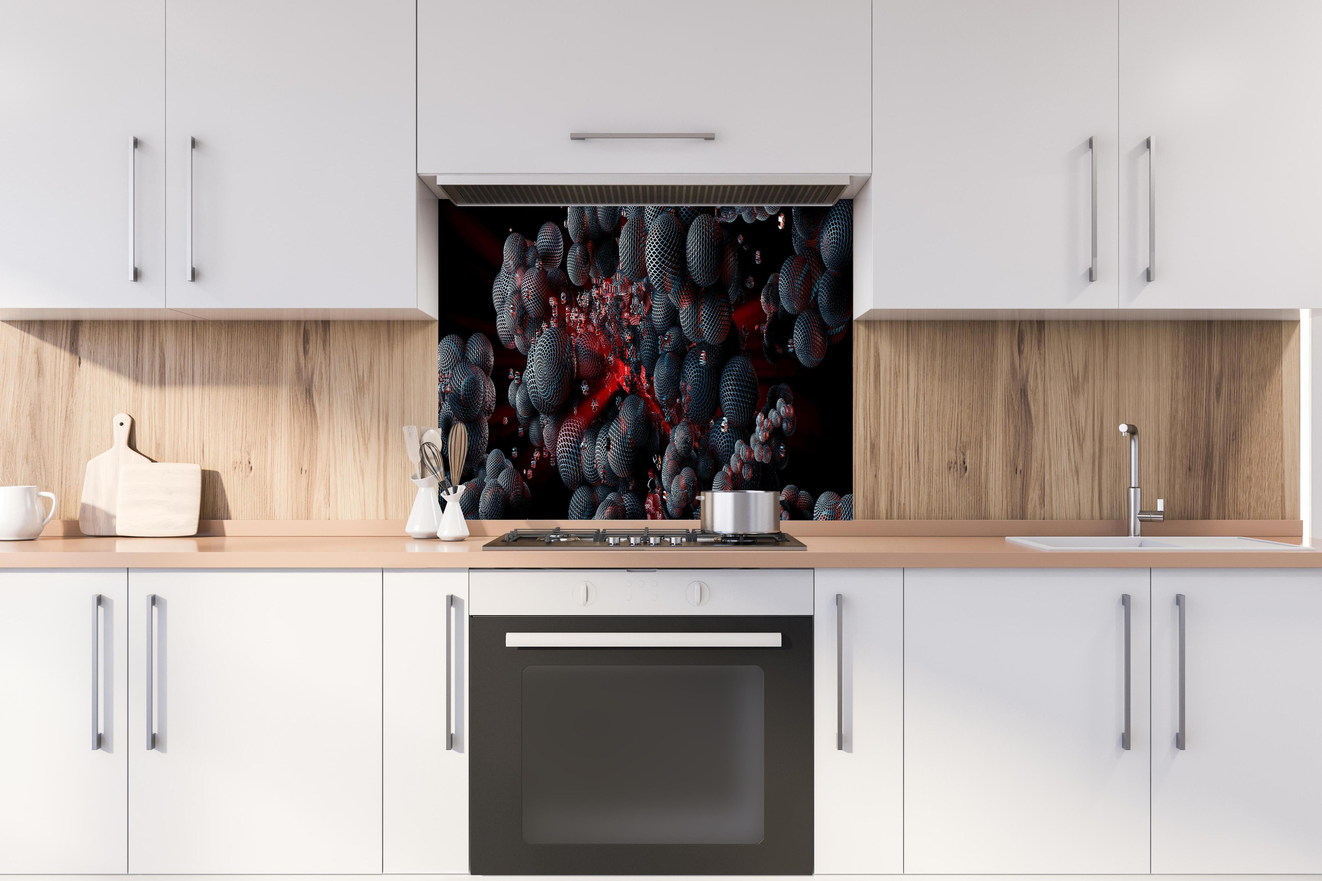Spritzschutz - Abstrakte Technologie - 3D Rendering hinter einem Cerankochfeld zwischen Holz-Kochutensilien

