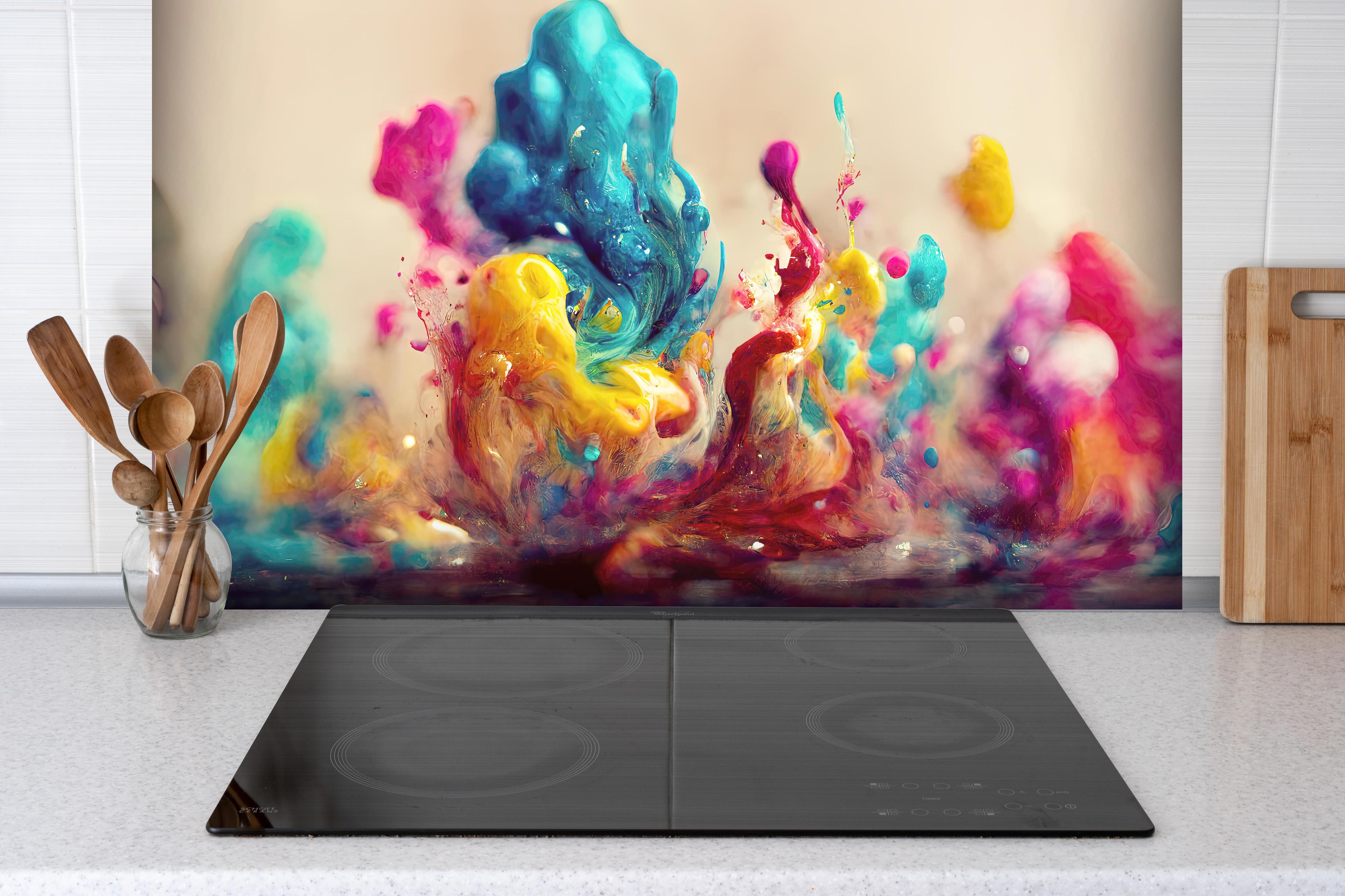 Spritzschutz - Abstrakte bunte Farbspritzer als Kunst hinter einem Cerankochfeld zwischen Holz-Kochutensilien
