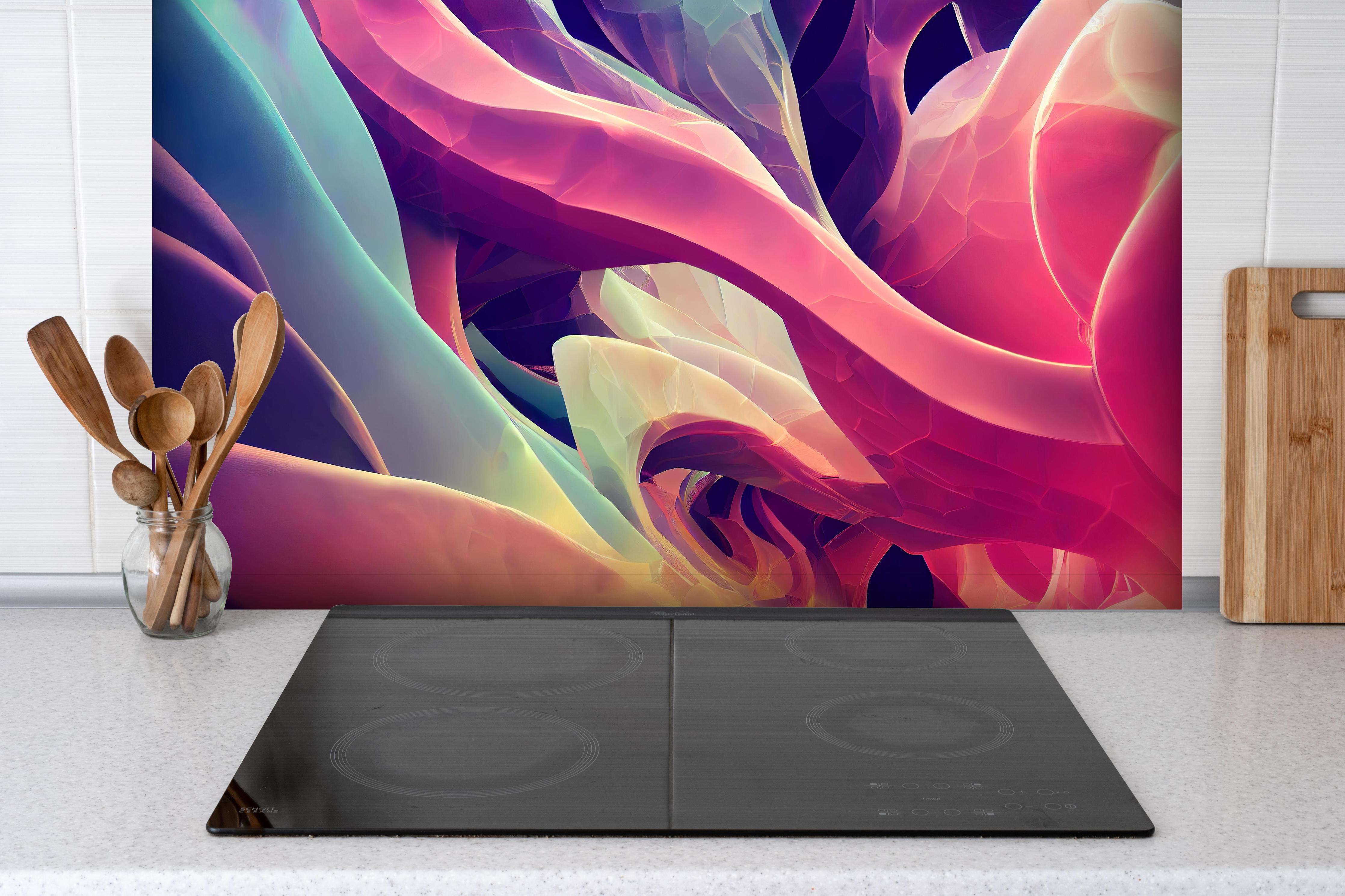 Spritzschutz - Abstrakte bunte Wellen hinter einem Cerankochfeld zwischen Holz-Kochutensilien
