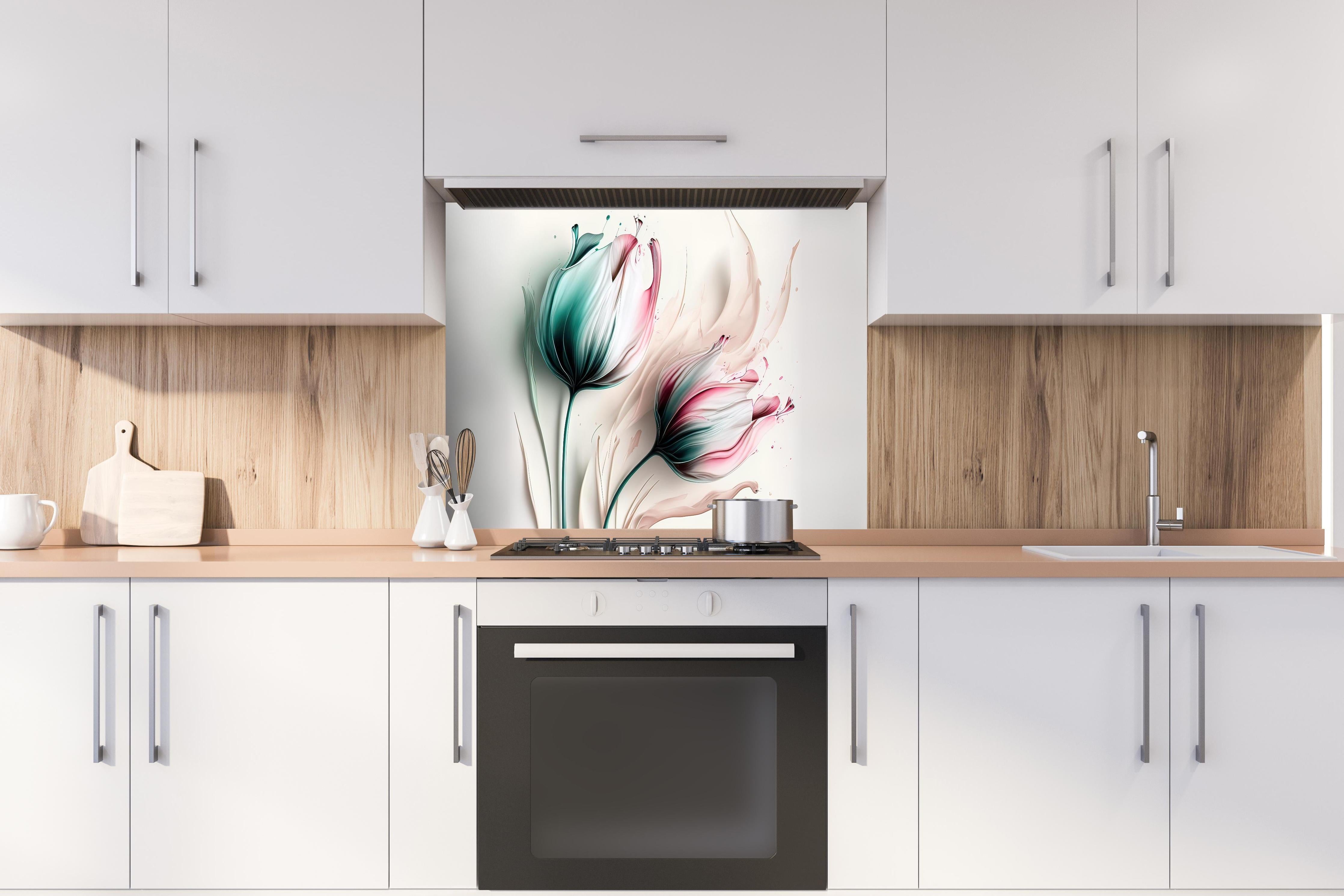 Spritzschutz - Abstrakte fließende Tulpen-Kunst hinter einem Cerankochfeld zwischen Holz-Kochutensilien

