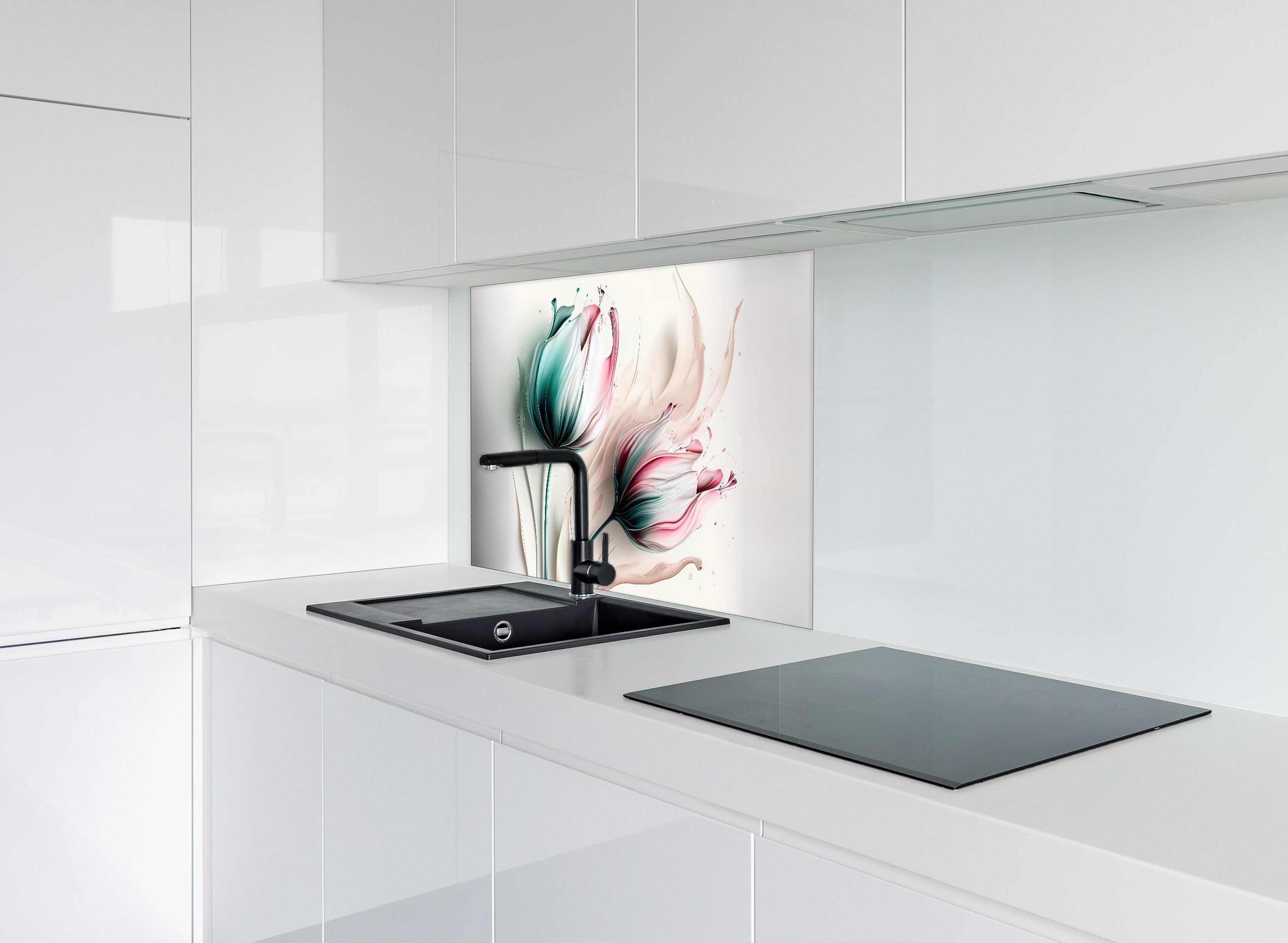 Spritzschutz - Abstrakte fließende Tulpen-Kunst hinter einem Cerankochfeld zwischen Holz-Kochutensilien
