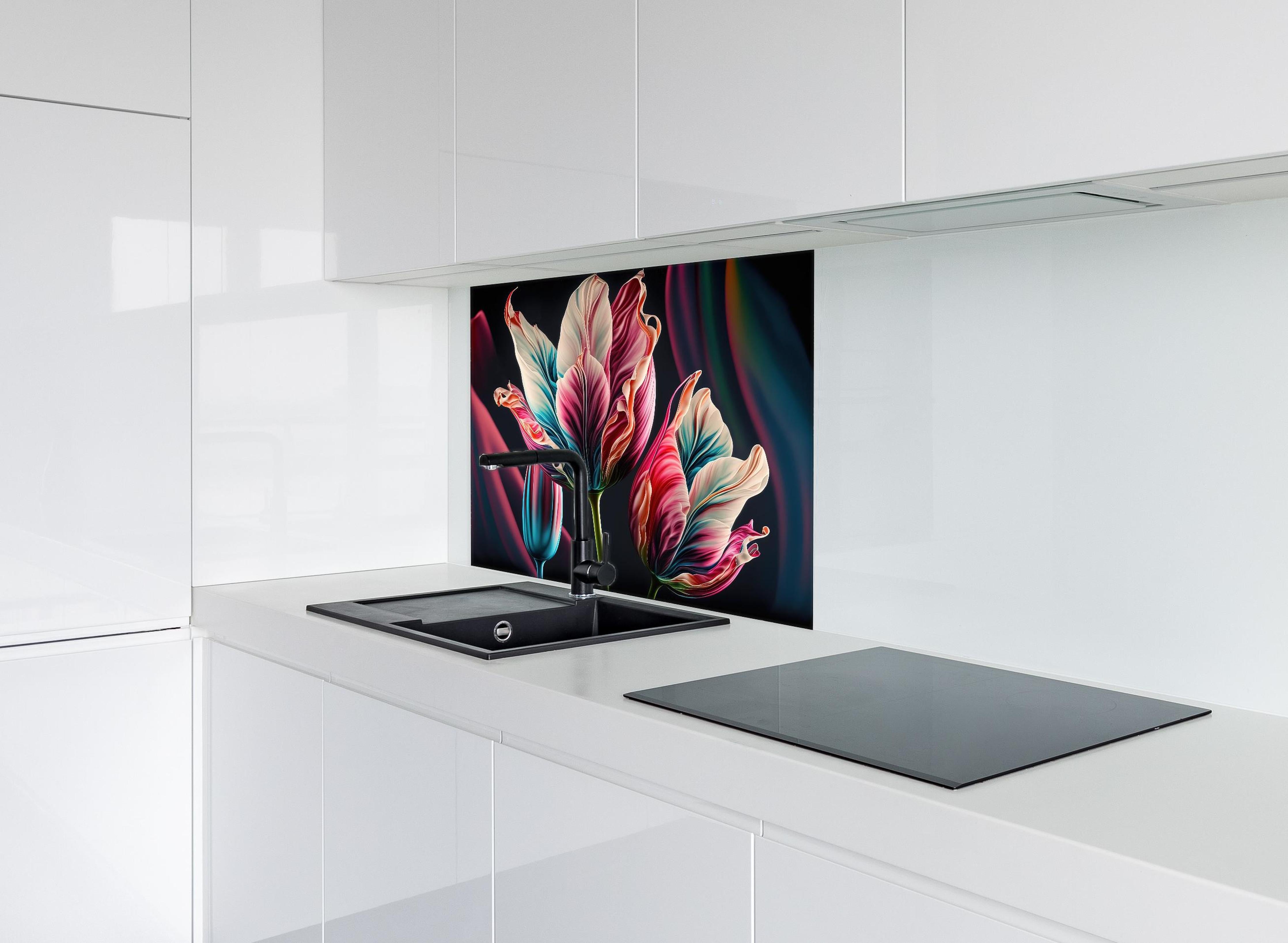 Spritzschutz - Abstrakte, bunte Fluid Art Tulpenbild hinter einem Cerankochfeld zwischen Holz-Kochutensilien
