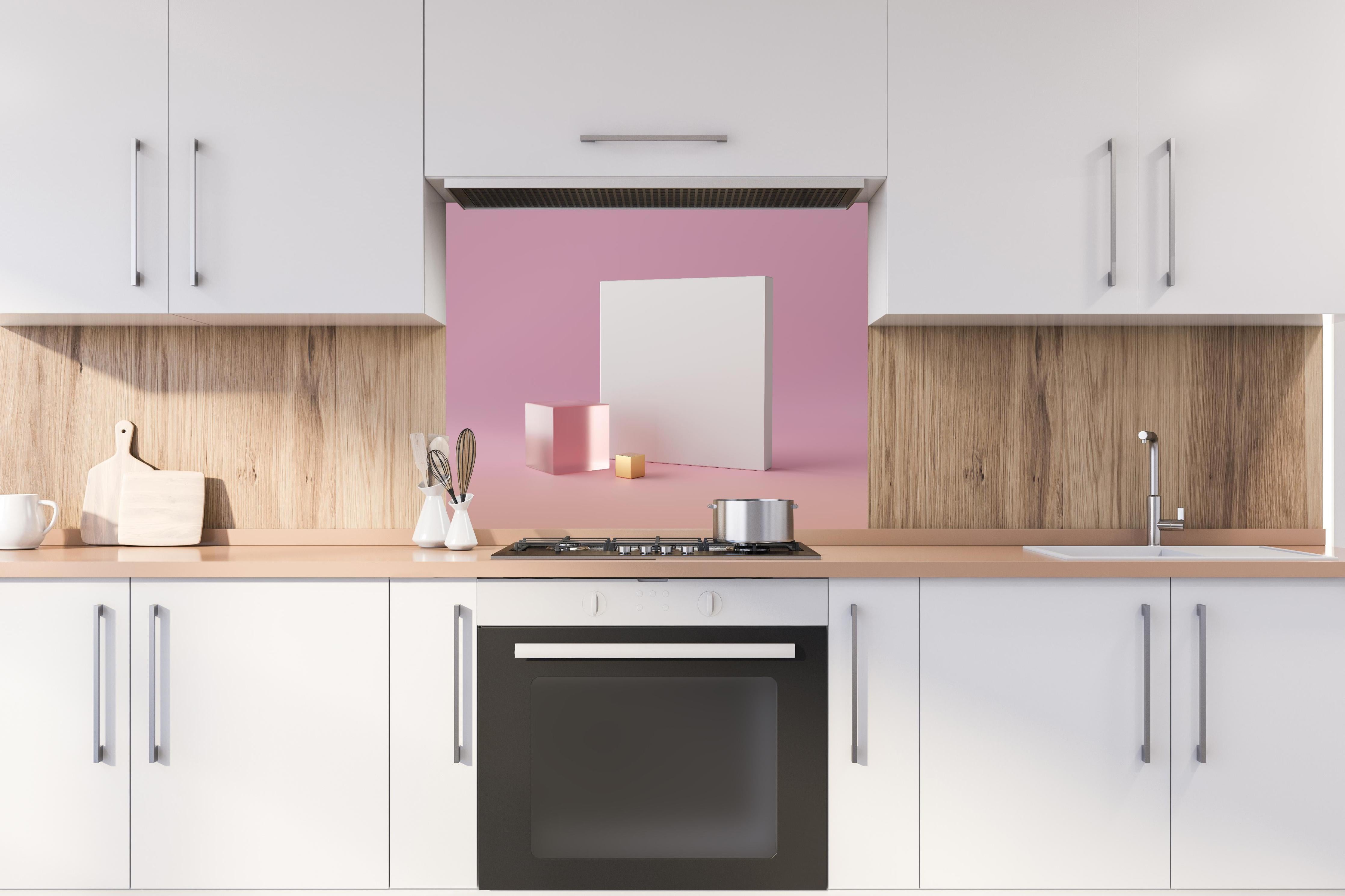 Spritzschutz - Abstraktes 3D-Modell hinter einem Cerankochfeld zwischen Holz-Kochutensilien
