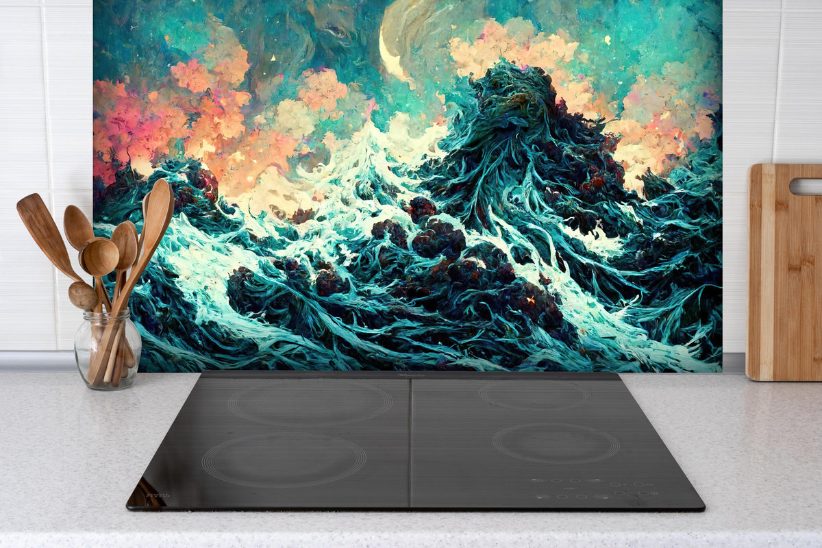 Spritzschutz - Abstraktes Wellen Gemälde hinter einem Cerankochfeld zwischen Holz-Kochutensilien
