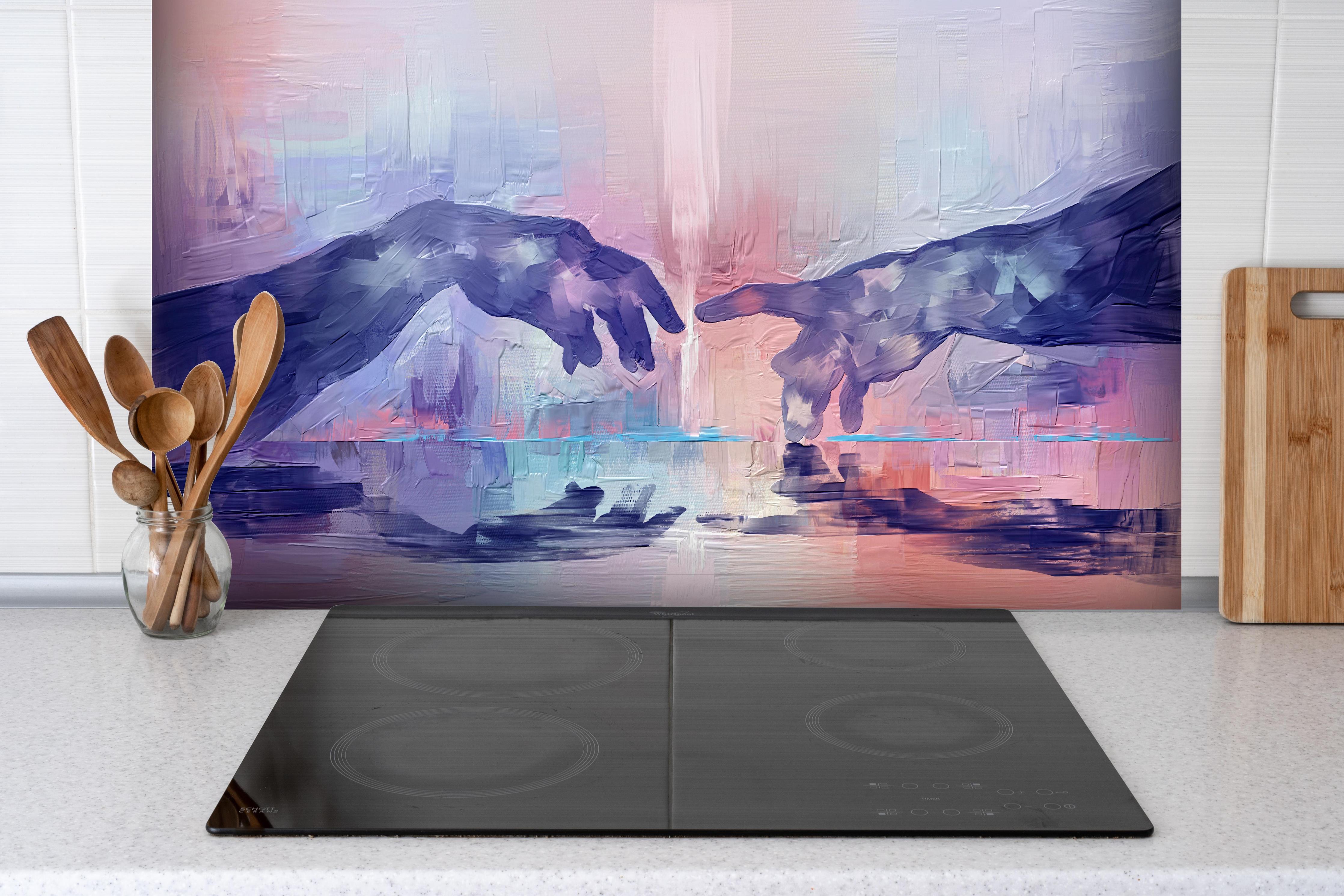 Spritzschutz - Acryl Malerei - Zwei Hände hinter einem Cerankochfeld zwischen Holz-Kochutensilien
